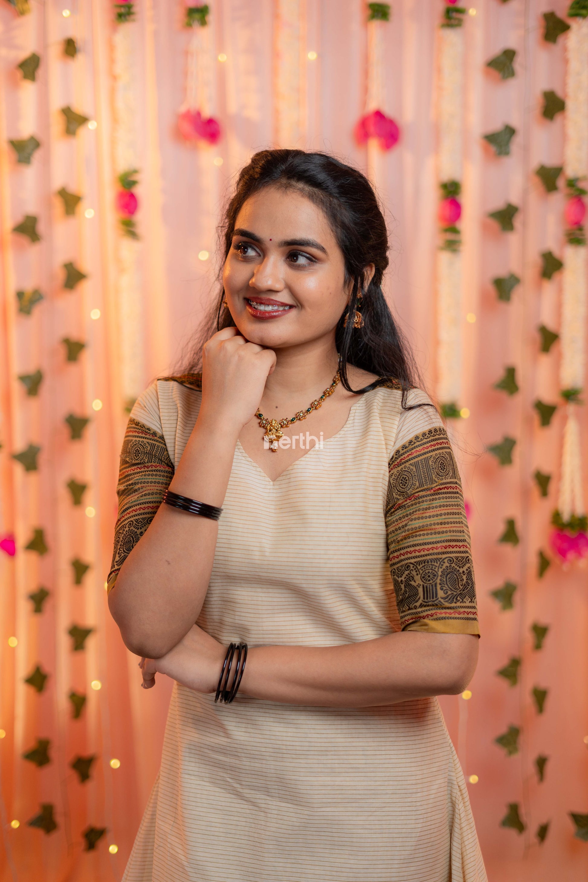Off white Chettinad Cotton A-Line Kurti - #NK005