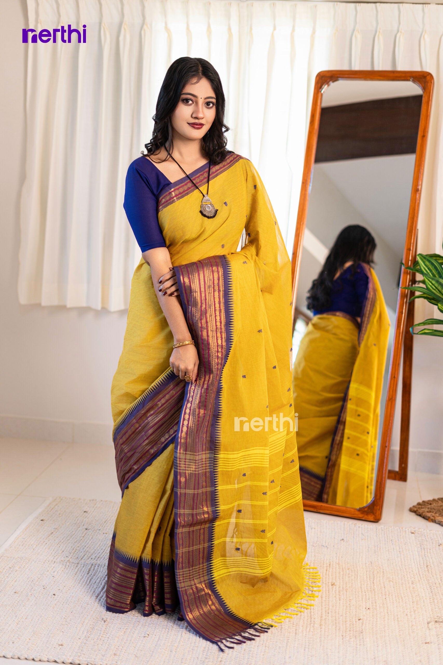 Nandini - Lime Yellow Chettinad Cotton Saree