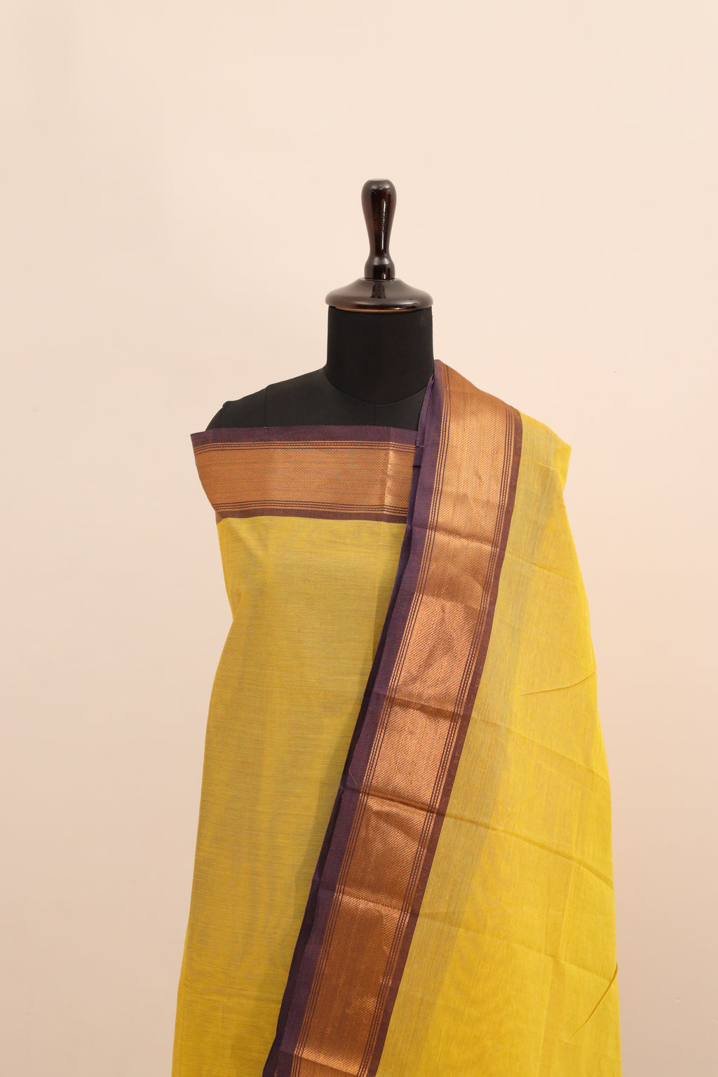 Lime Yellow with violet Border Chettinad Cotton Unstitched Salwar Suit - #NC101