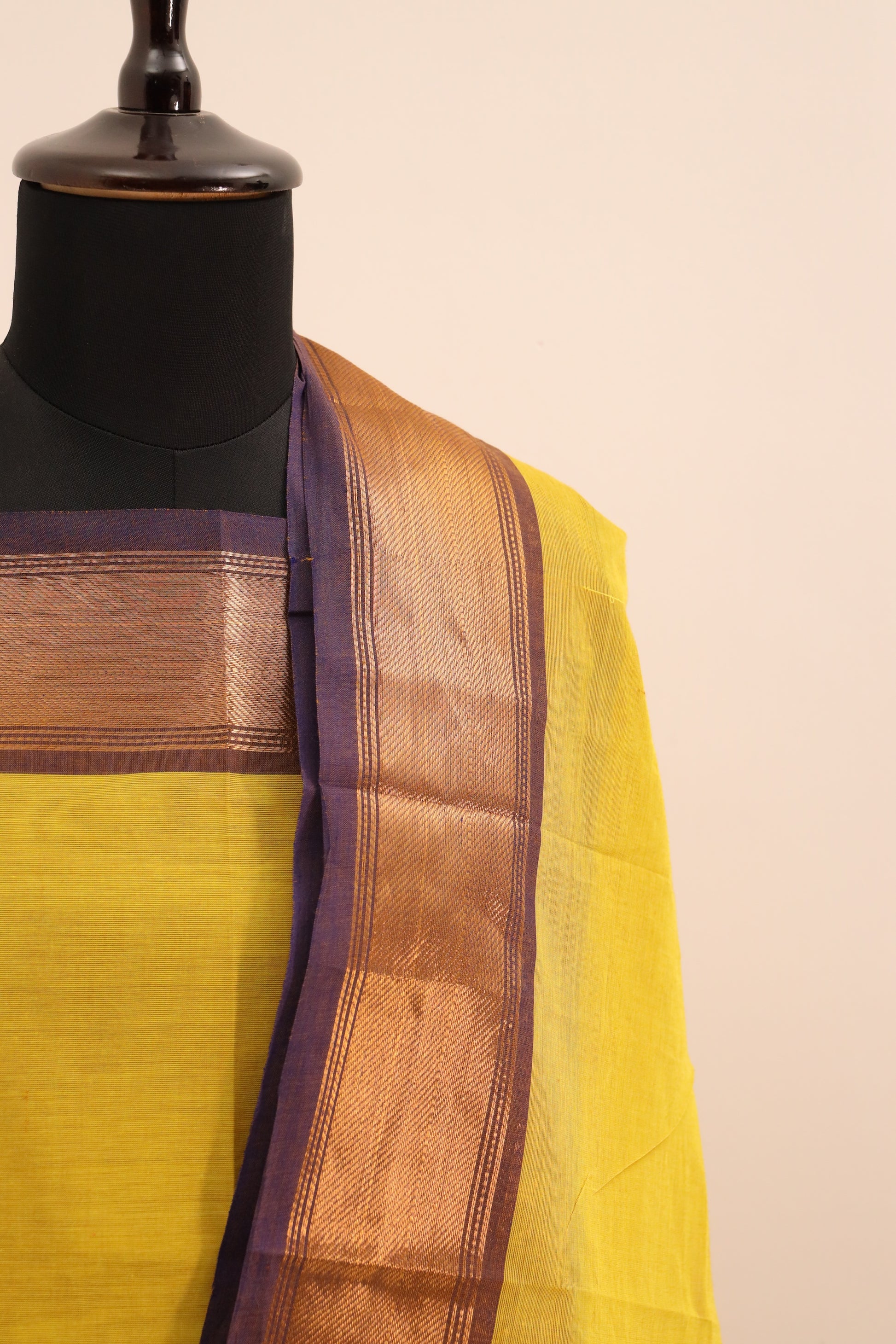 Lime Yellow with violet Border Chettinad Cotton Unstitched Salwar Suit - #NC101