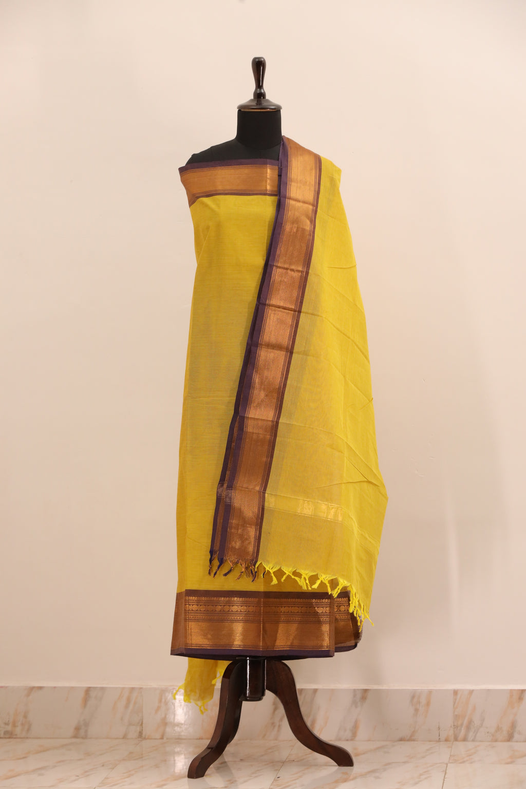 Lime Yellow with violet Border Chettinad Cotton Unstitched Salwar Suit - #NC101