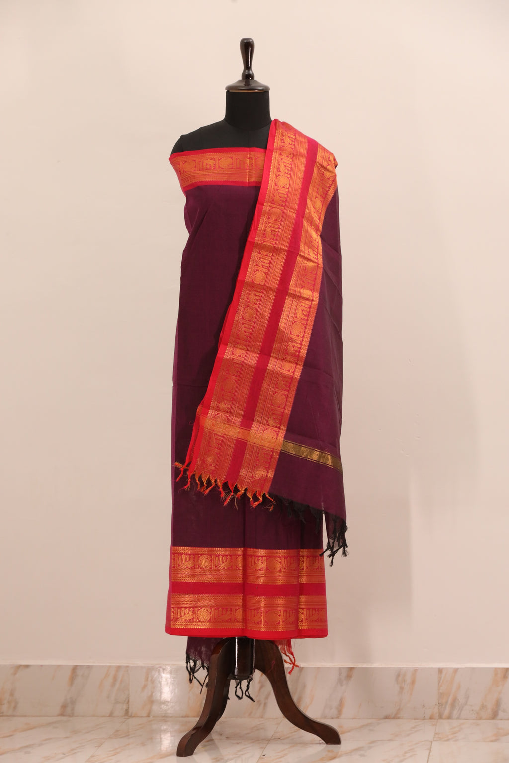 Purple with Red and  Golden Border Chettinad Cotton Unstitched Salwar Suit - #NC102