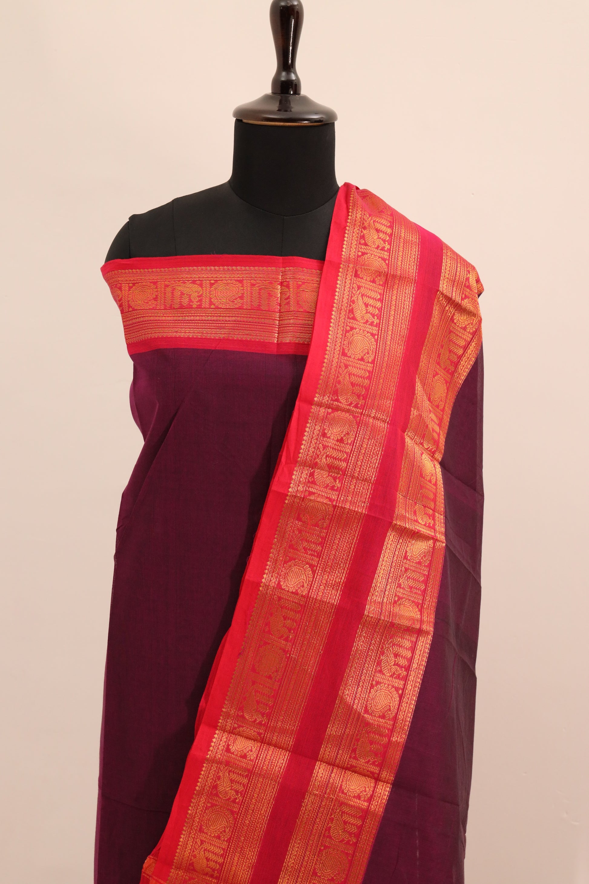 Purple with Red and  Golden Border Chettinad Cotton Unstitched Salwar Suit - #NC102