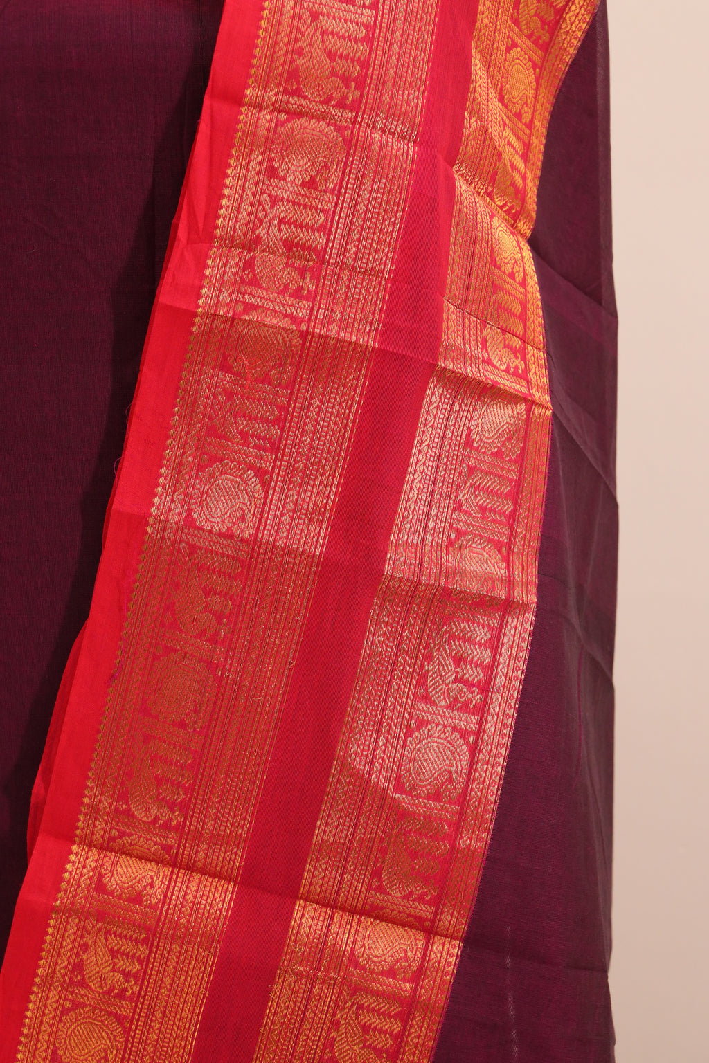 Purple with Red and  Golden Border Chettinad Cotton Unstitched Salwar Suit - #NC102