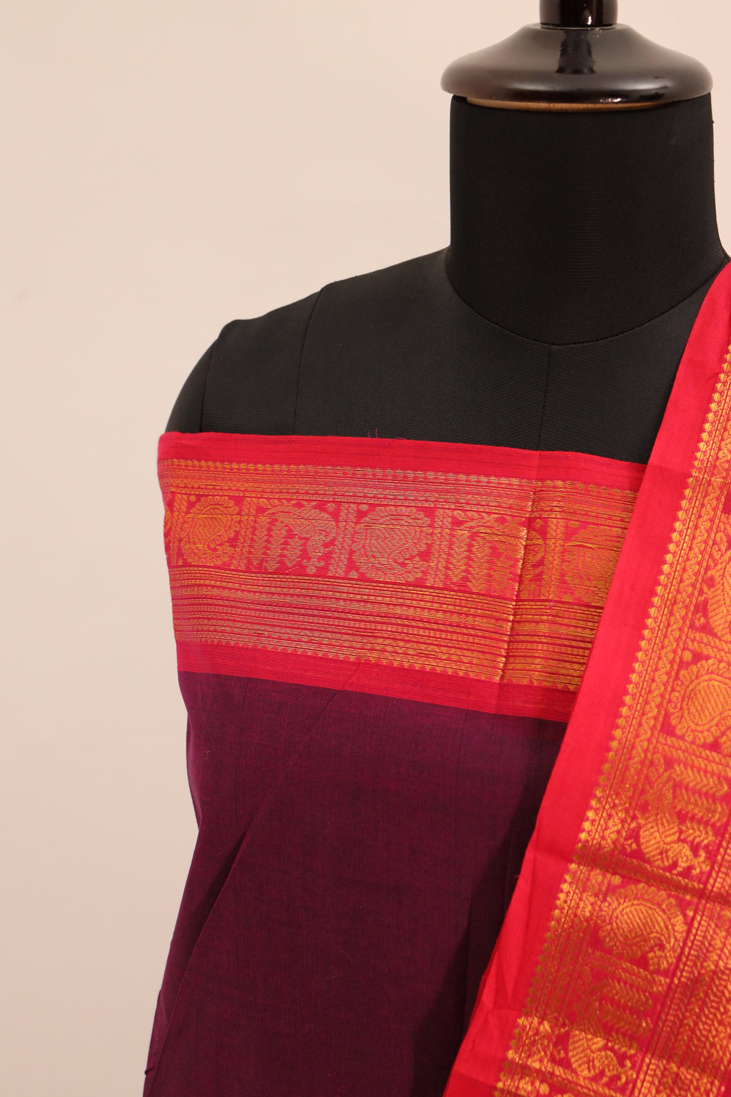 Purple with Red and  Golden Border Chettinad Cotton Unstitched Salwar Suit - #NC102