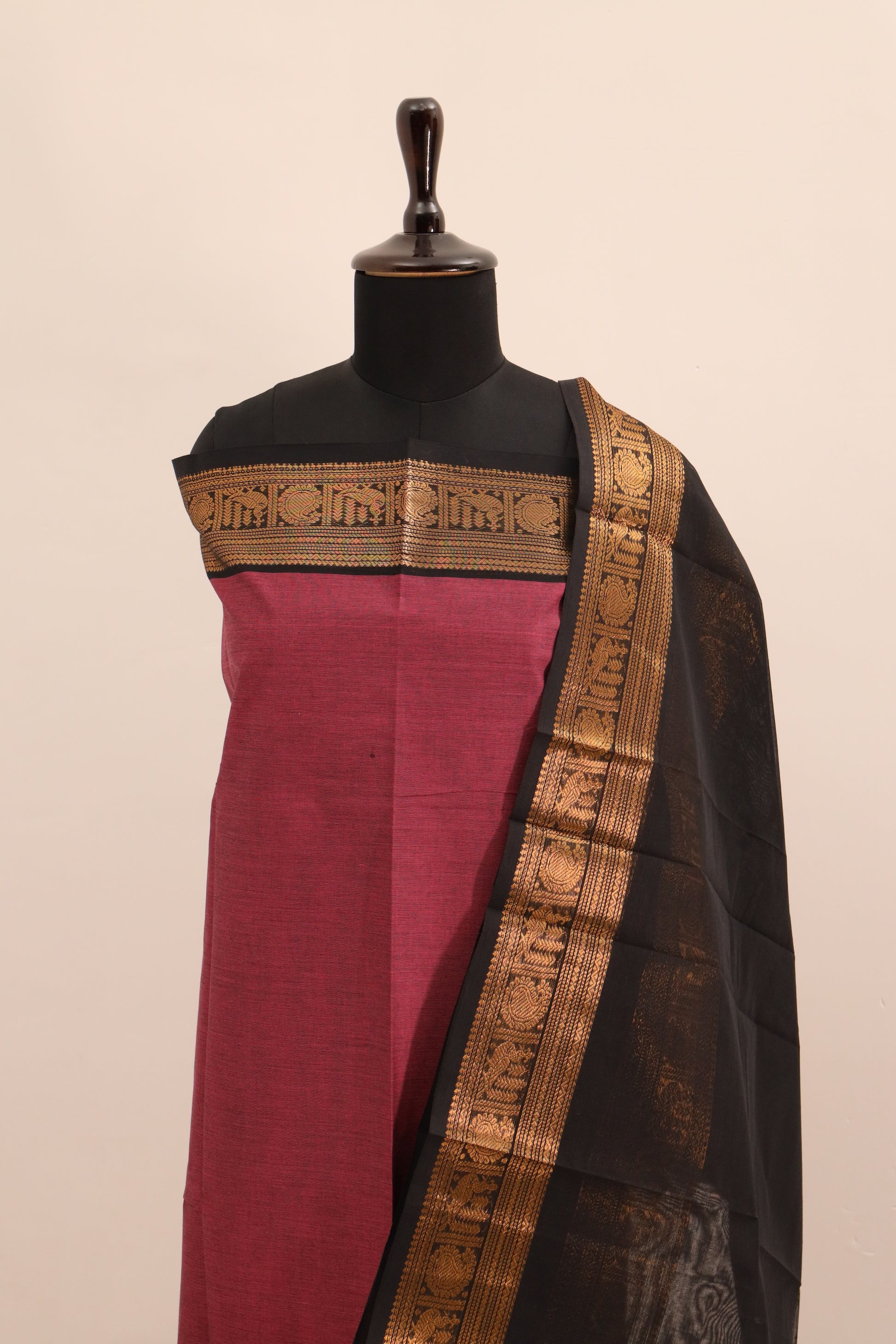 Pink with Black and Golden Border Chettinad Cotton Unstitched Salwar Suit - #NC103