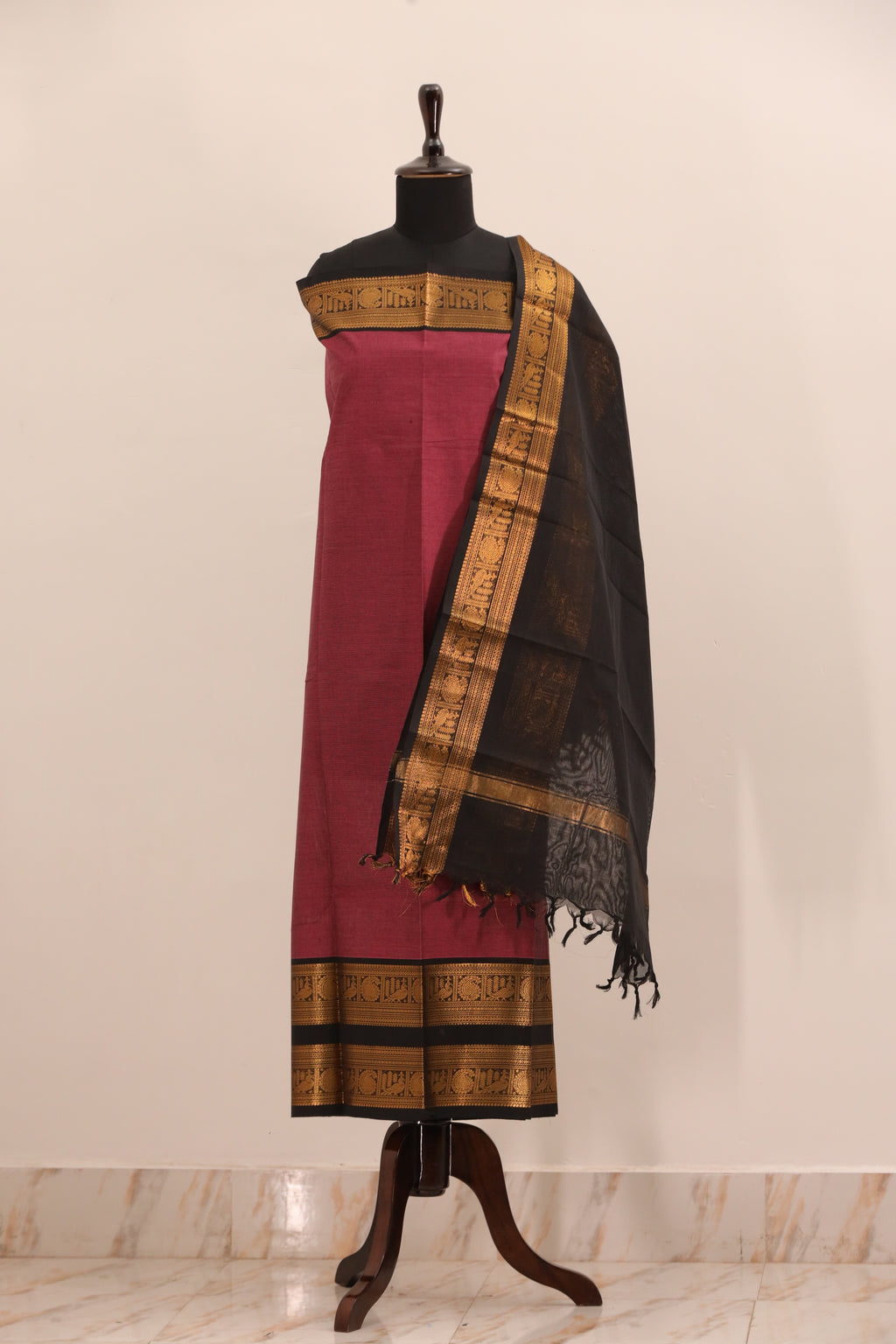 Pink with Black and Golden Border Chettinad Cotton Unstitched Salwar Suit - #NC103