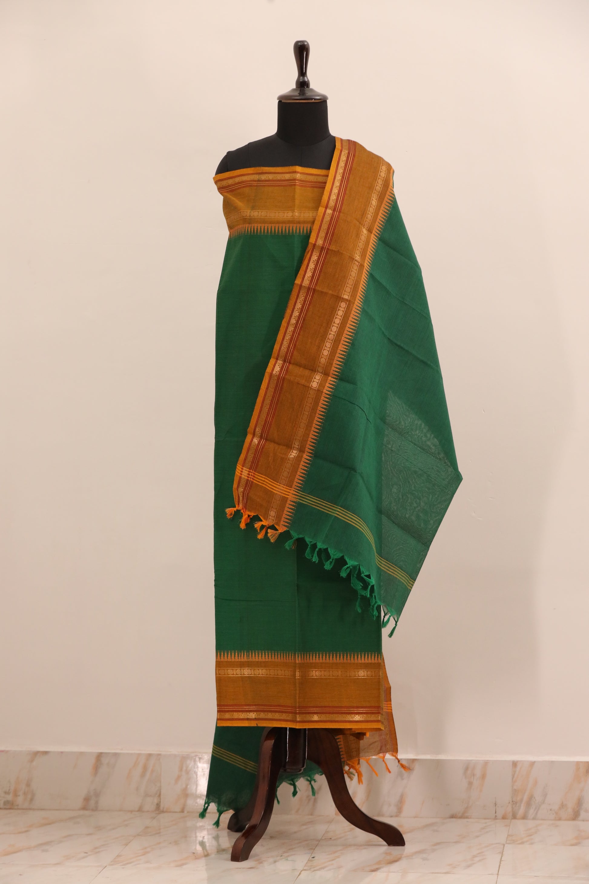 Green with Brown and Golden Border Chettinad Cotton Unstitched Salwar Suit - #NC104