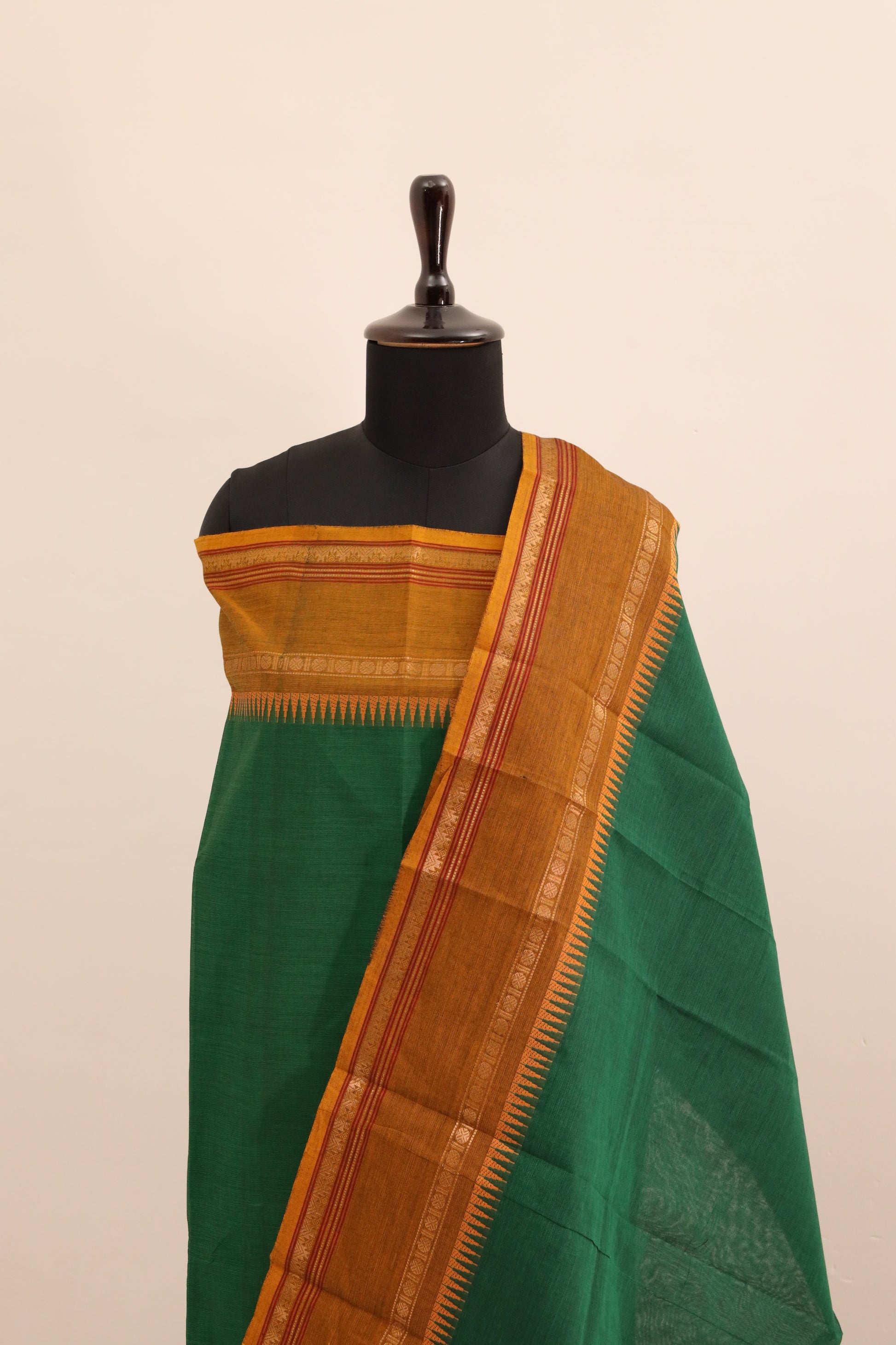 Green with Brown and Golden Border Chettinad Cotton Unstitched Salwar Suit - #NC104