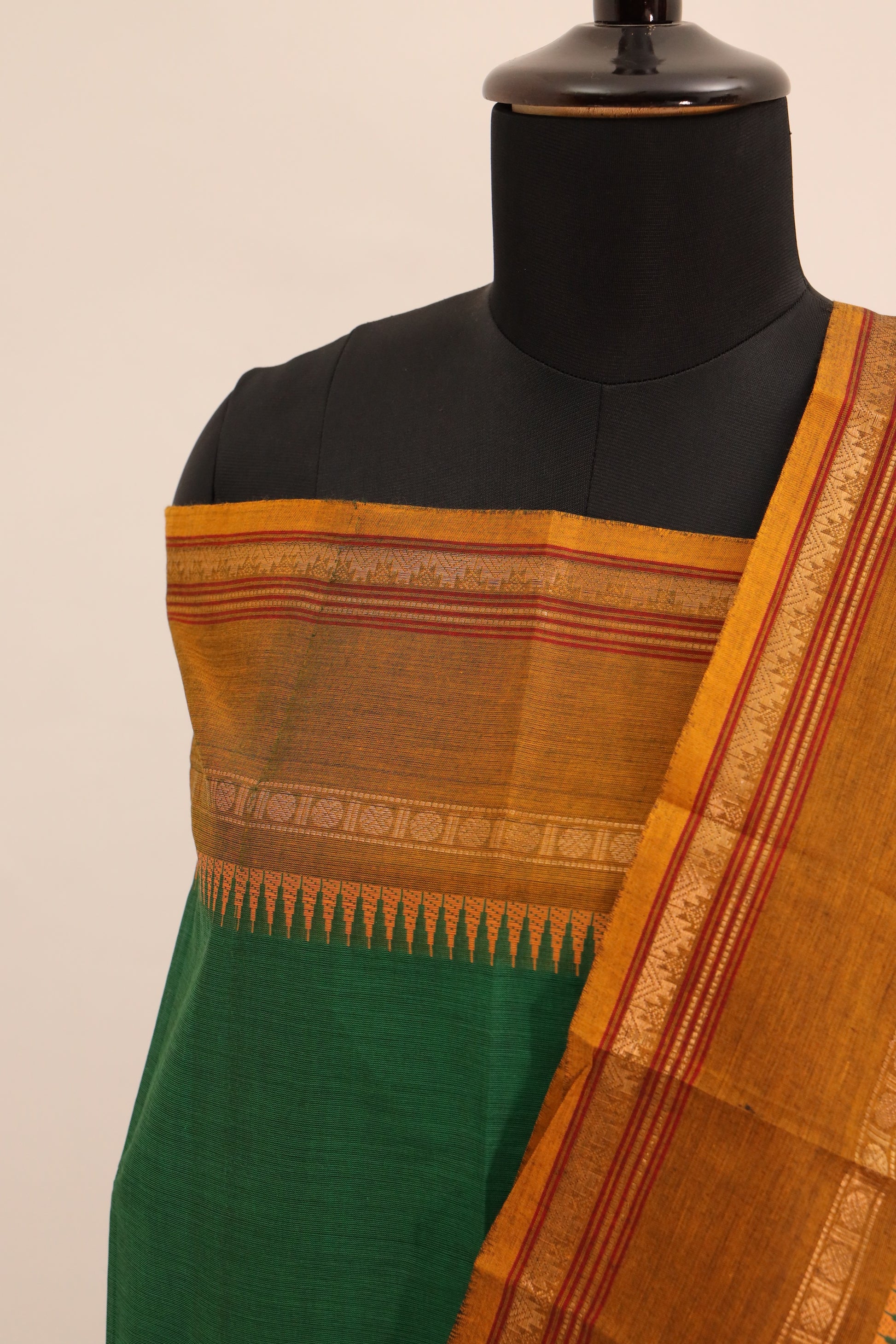 Green with Brown and Golden Border Chettinad Cotton Unstitched Salwar Suit - #NC104