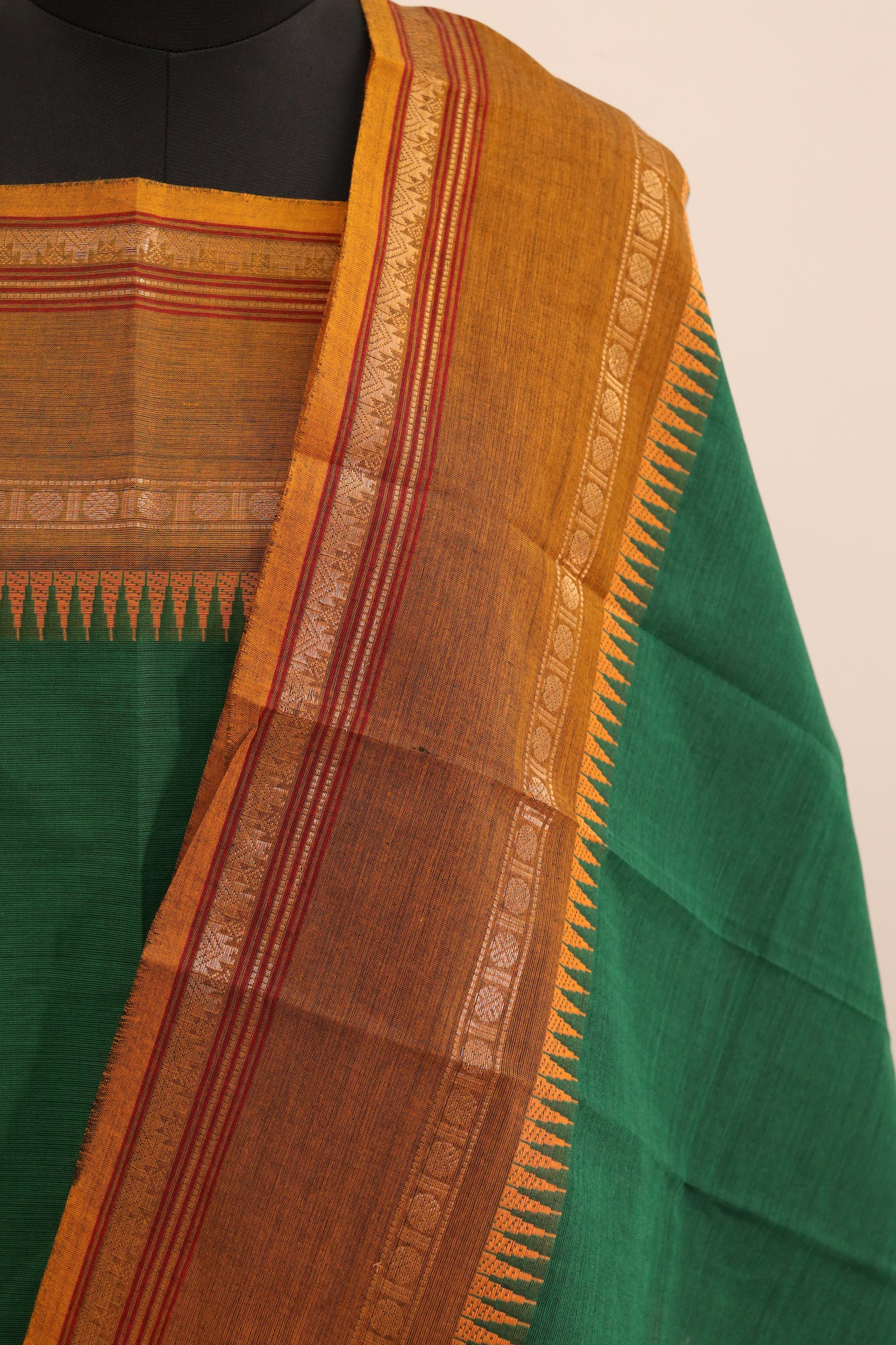 Green with Brown and Golden Border Chettinad Cotton Unstitched Salwar Suit - #NC104