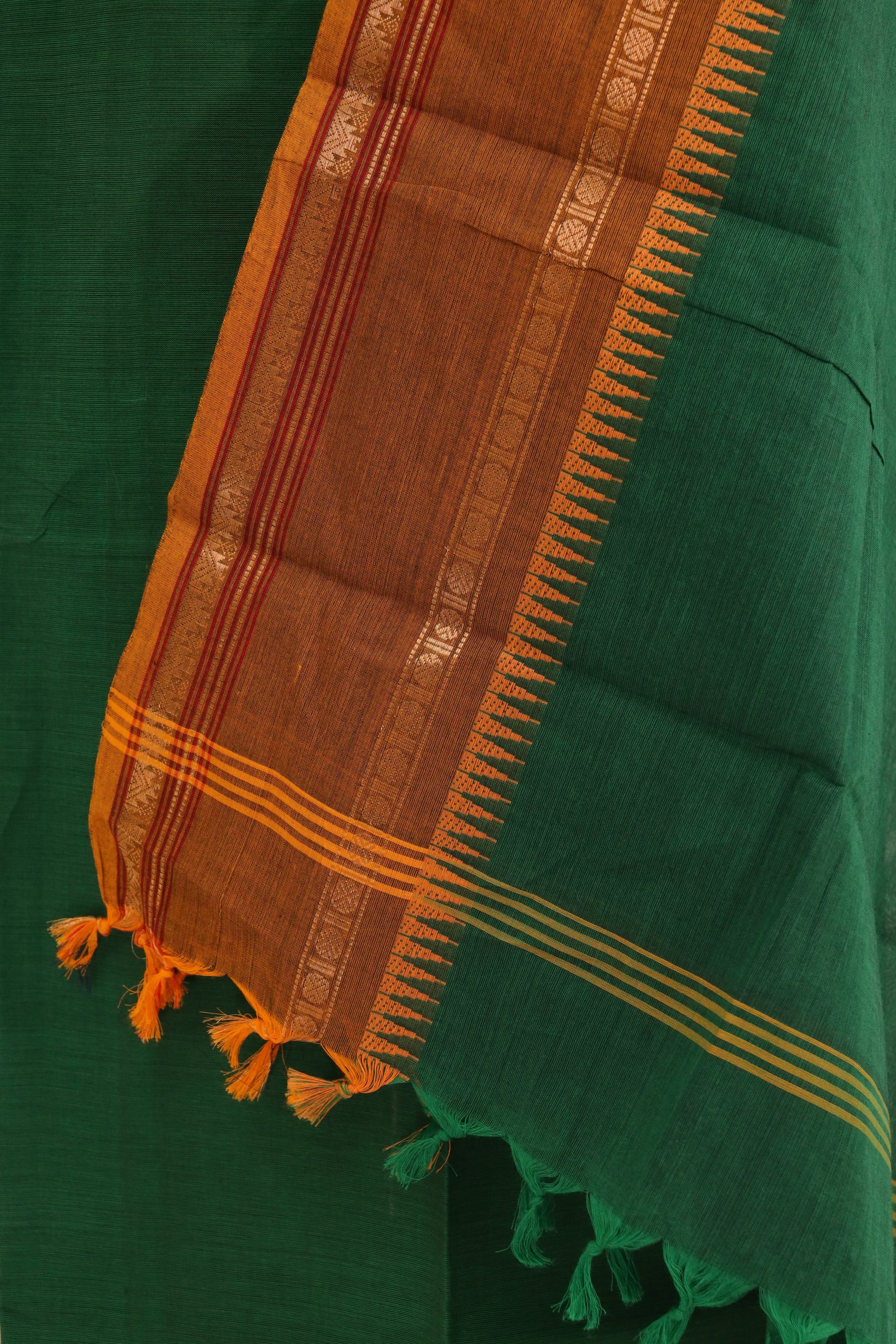 Green with Brown and Golden Border Chettinad Cotton Unstitched Salwar Suit - #NC104