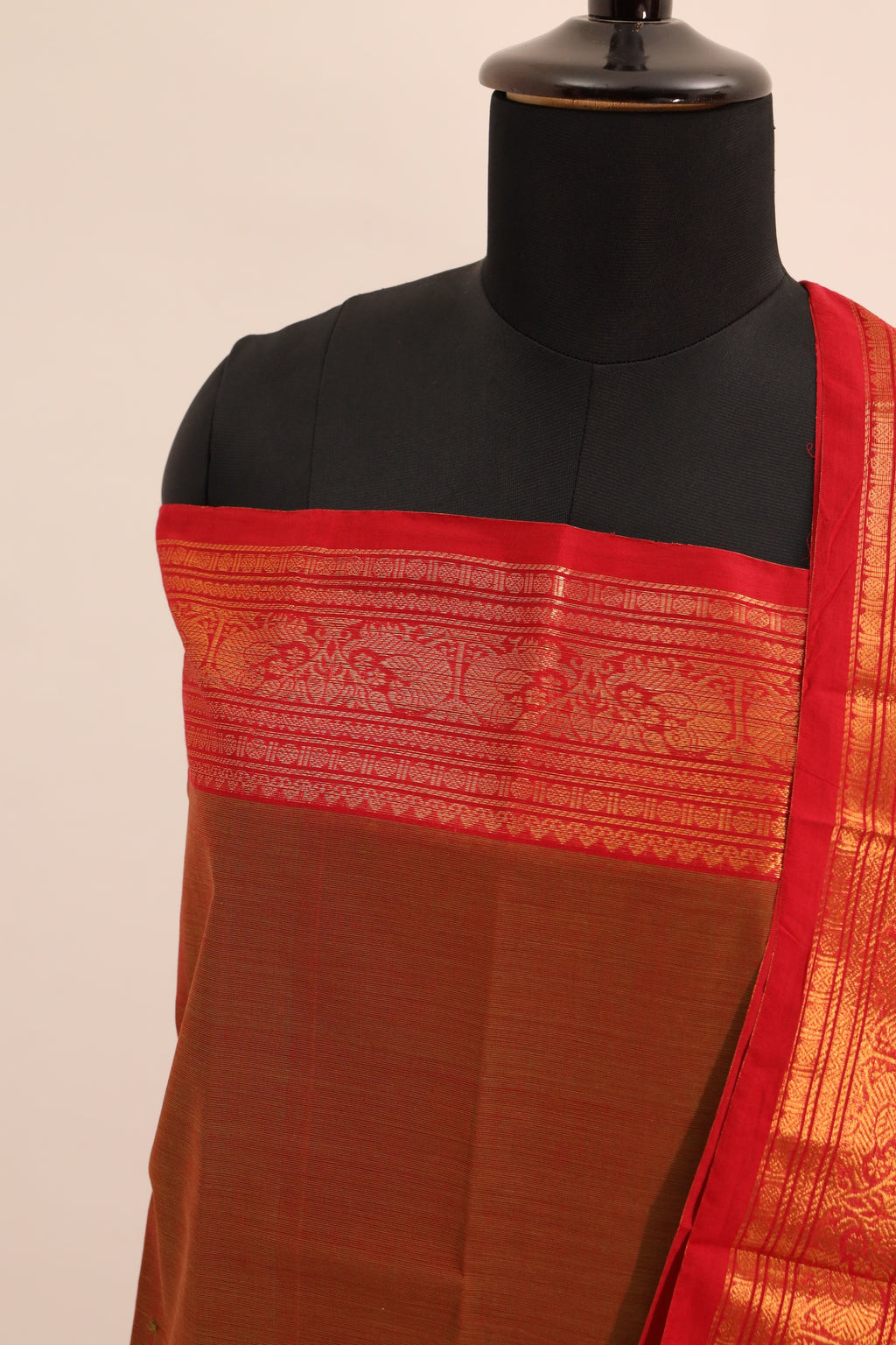 Mustard with Red Border Chettinad Cotton Unstitched Salwar Suit - #NC105