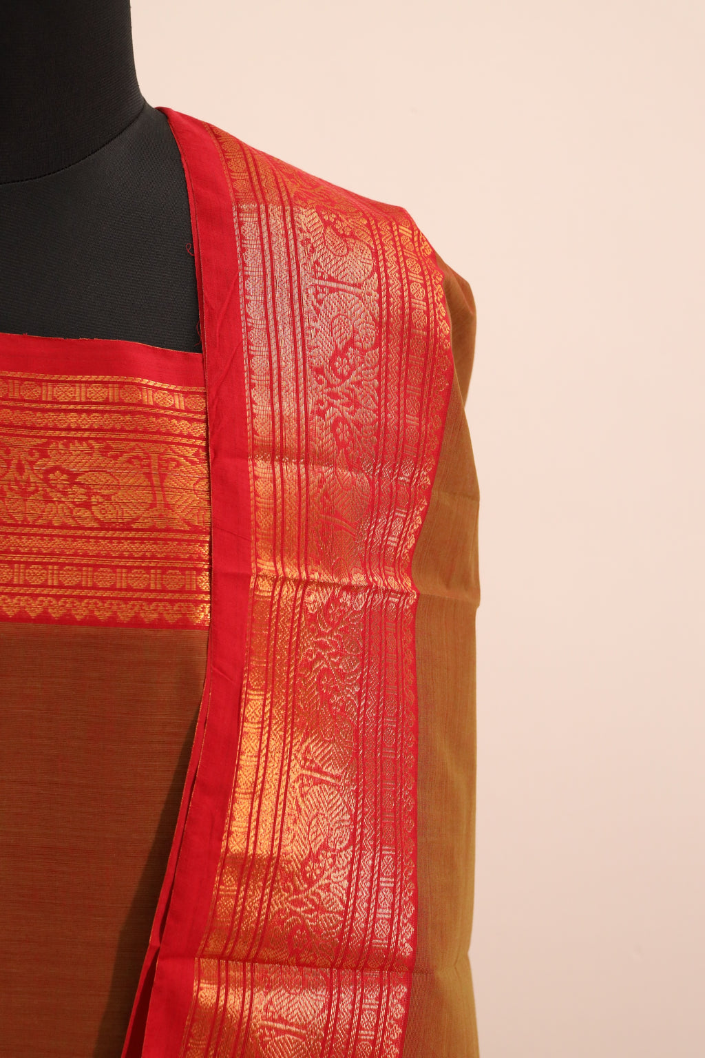 Mustard with Red Border Chettinad Cotton Unstitched Salwar Suit - #NC105