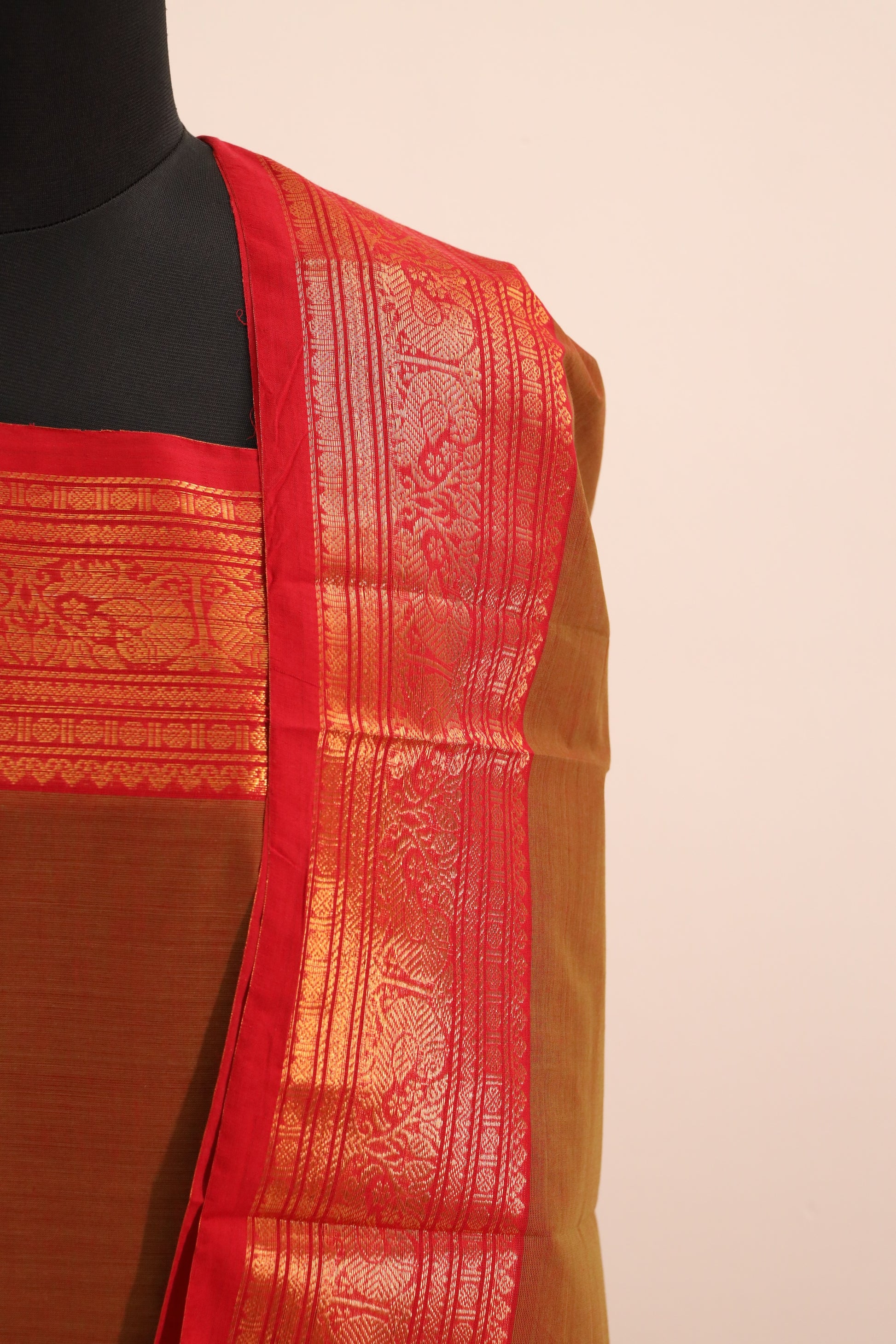 Mustard with Red Border Chettinad Cotton Unstitched Salwar Suit - #NC105