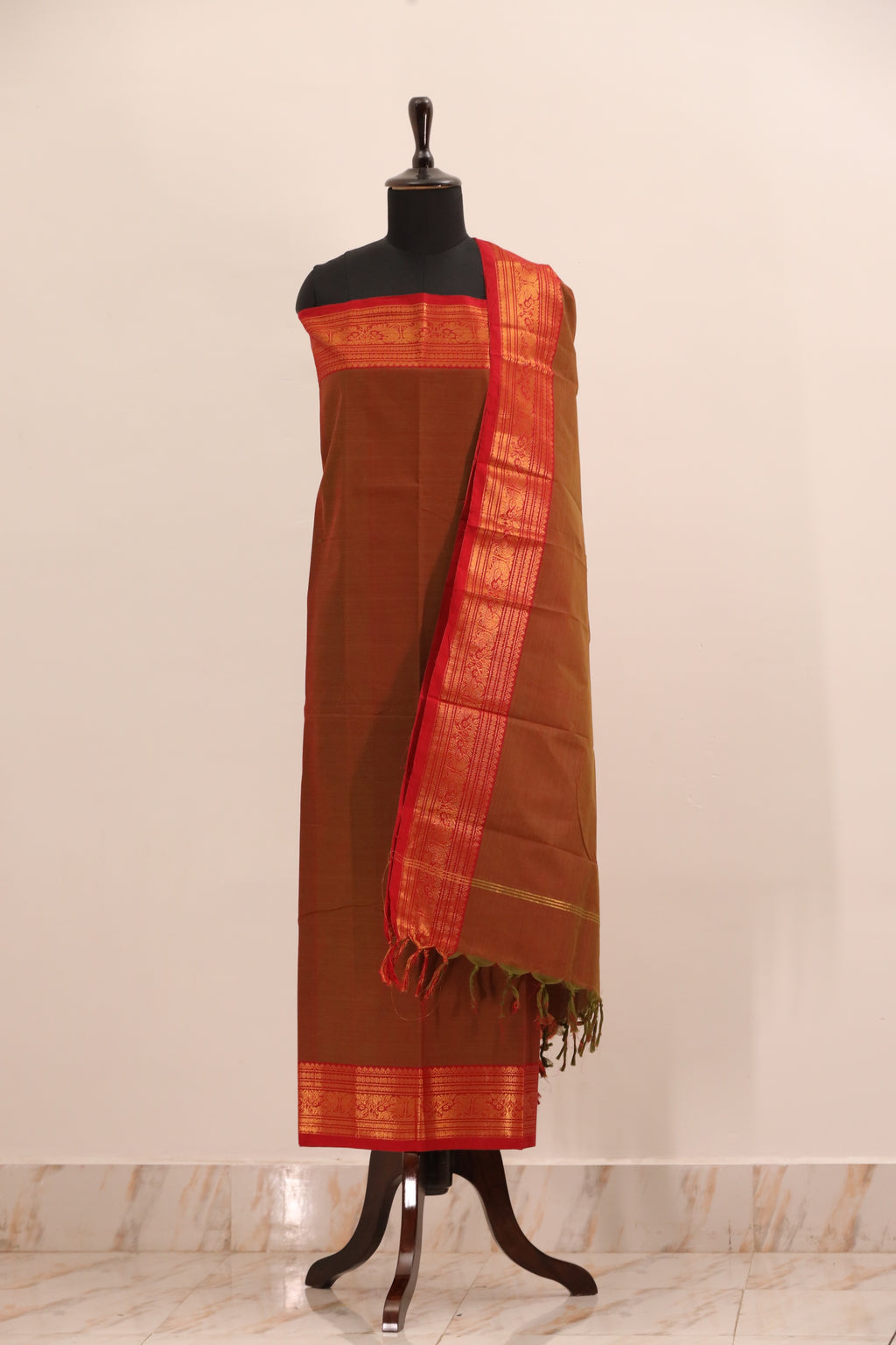 Mustard with Red Border Chettinad Cotton Unstitched Salwar Suit - #NC105