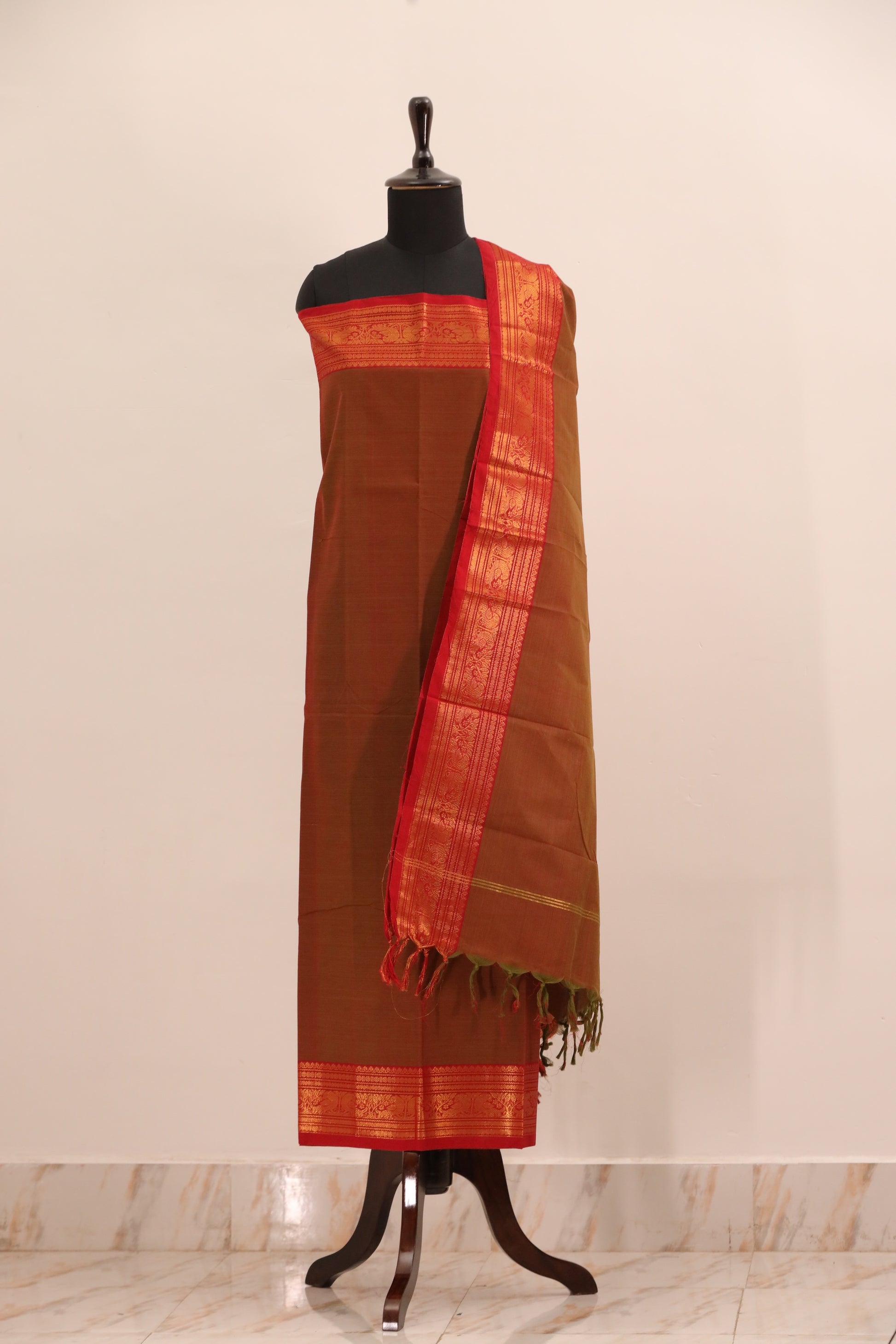 Mustard with Red Border Chettinad Cotton Unstitched Salwar Suit - #NC105