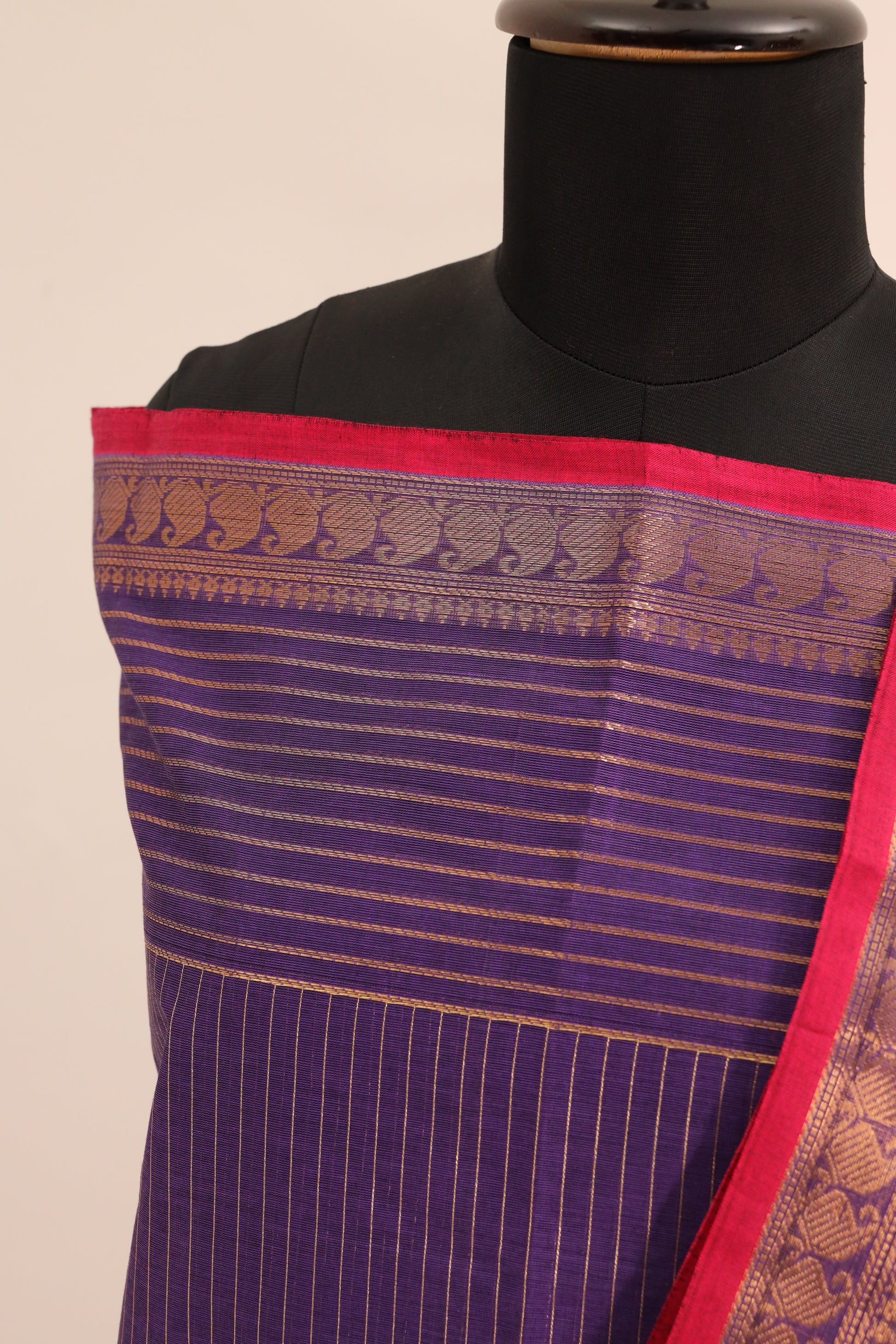 Violet with Orange Border Chettinad Cotton Unstitched Salwar Suit - #NC107