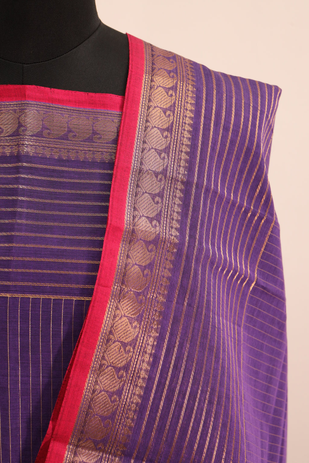 Violet with Orange Border Chettinad Cotton Unstitched Salwar Suit - #NC107