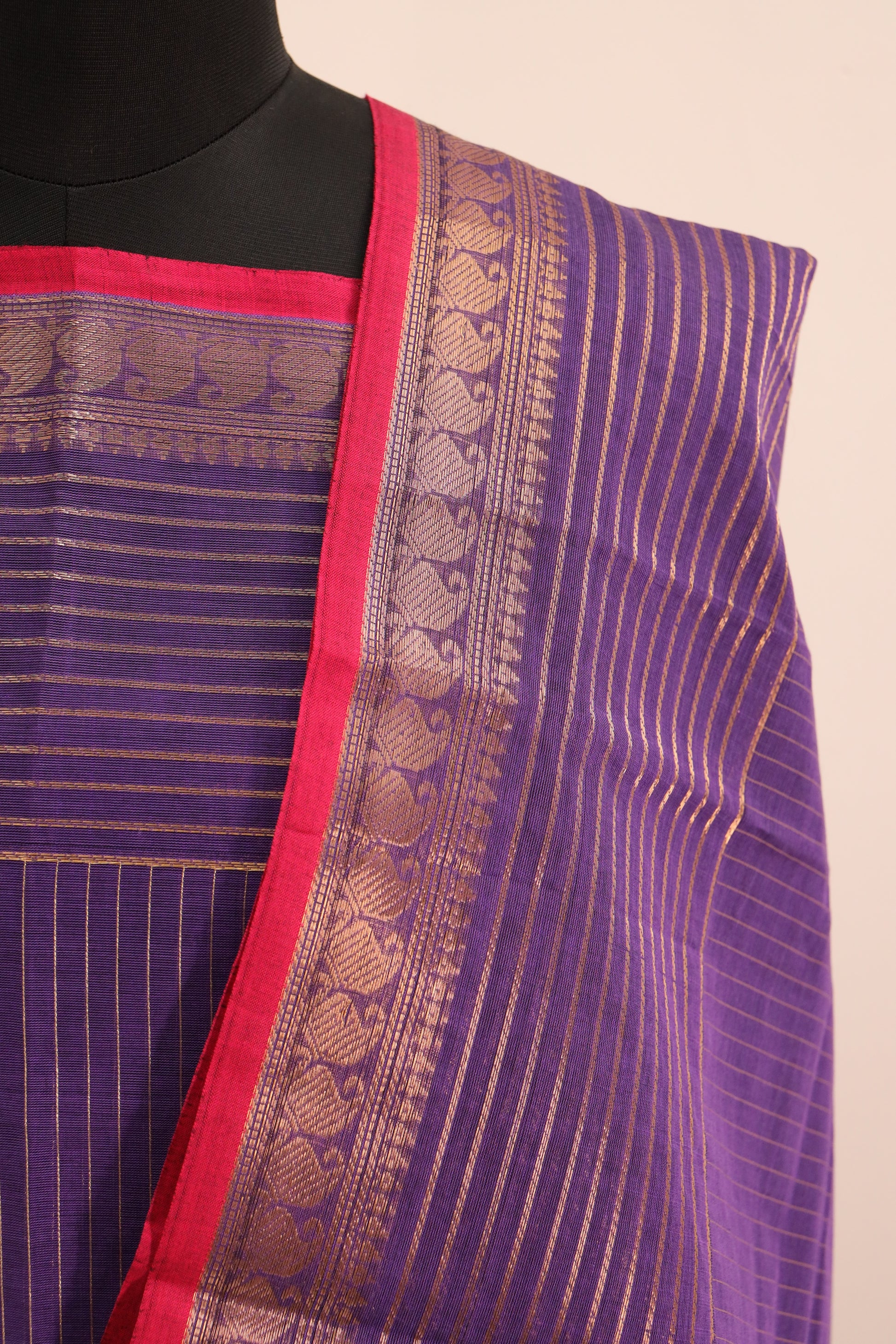 Violet with Orange Border Chettinad Cotton Unstitched Salwar Suit - #NC107