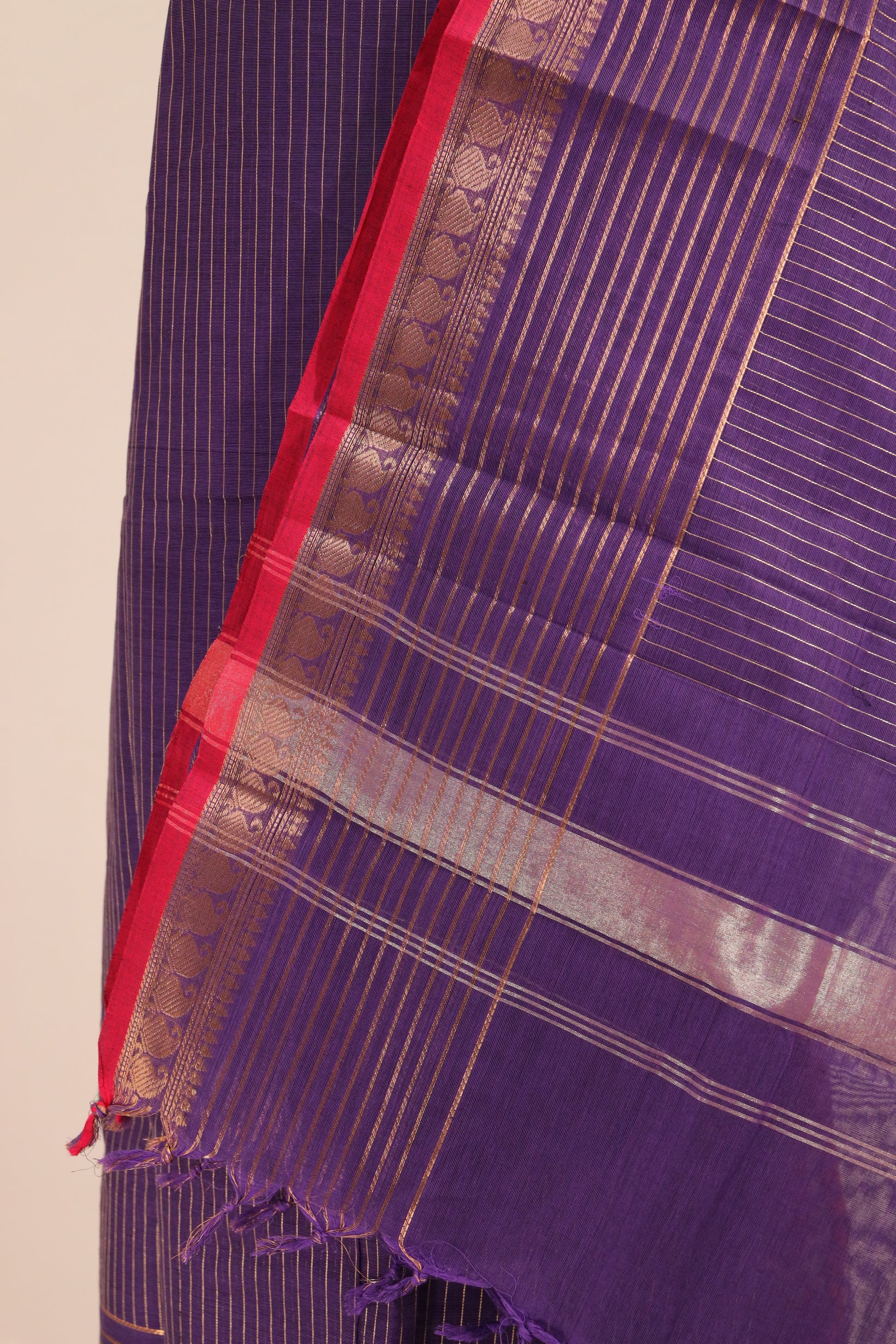 Violet with Orange Border Chettinad Cotton Unstitched Salwar Suit - #NC107