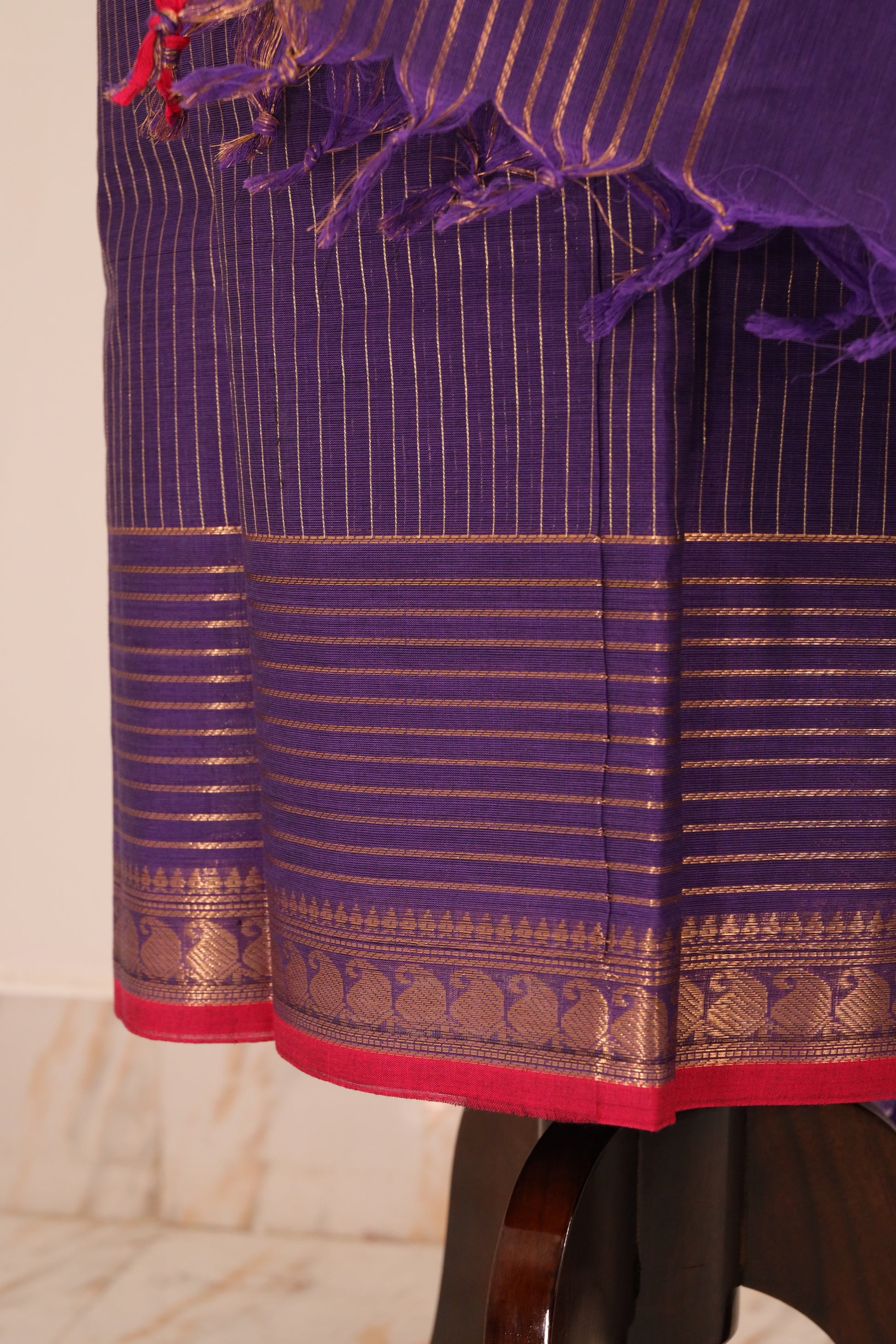 Violet with Orange Border Chettinad Cotton Unstitched Salwar Suit - #NC107