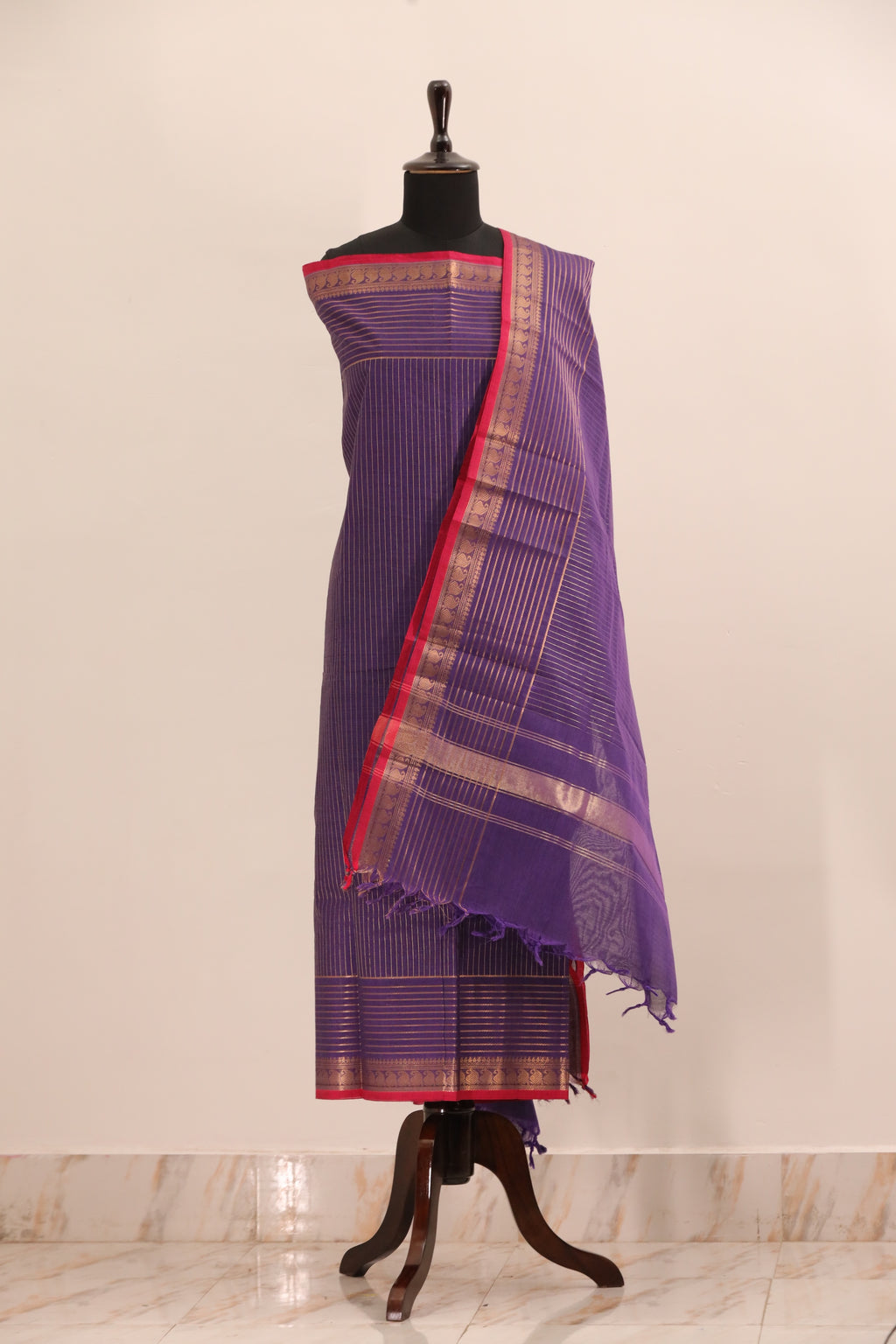 Violet with Orange Border Chettinad Cotton Unstitched Salwar Suit - #NC107