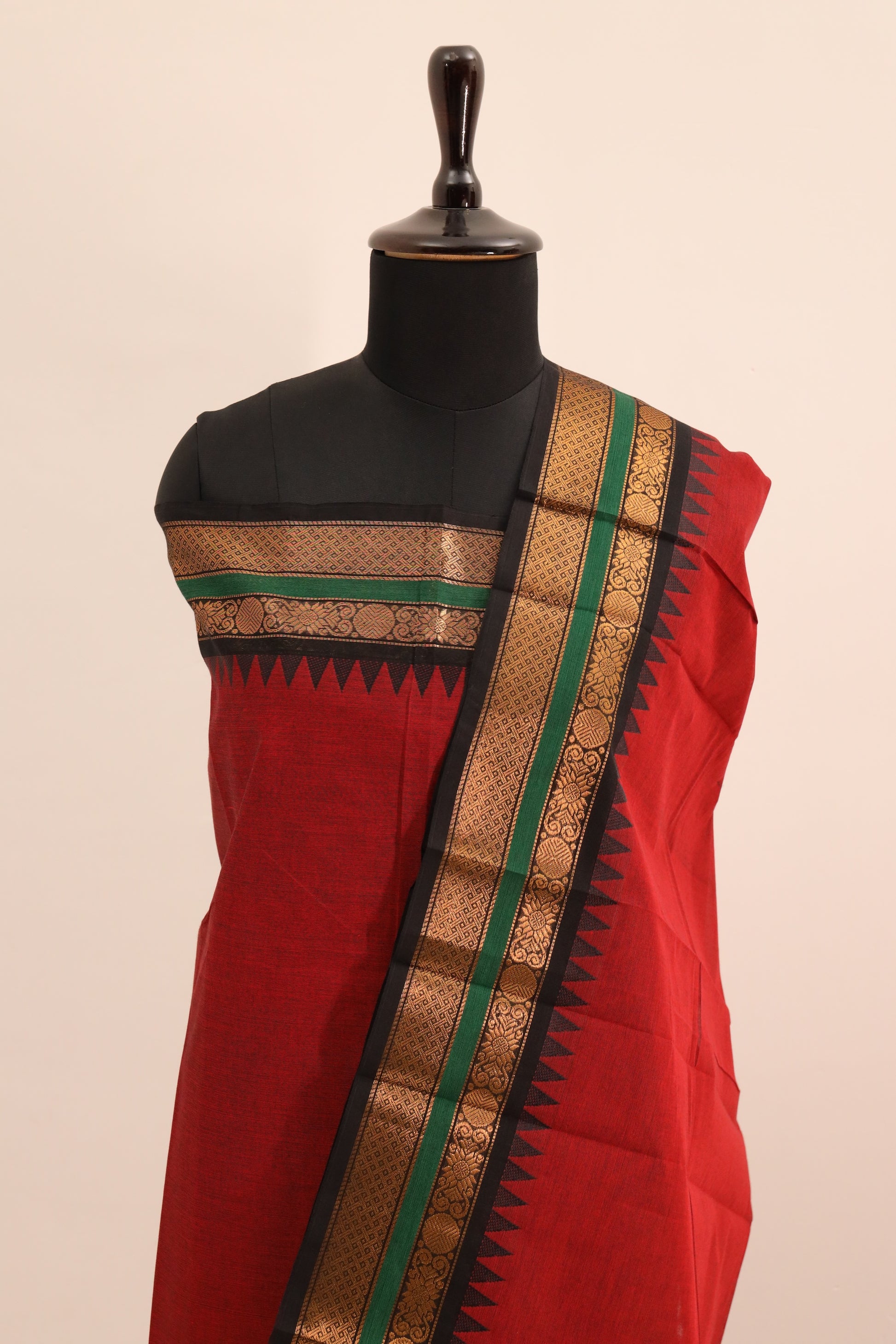 Red with Black Border Chettinad Cotton Unstitched Salwar Suit - #NC108