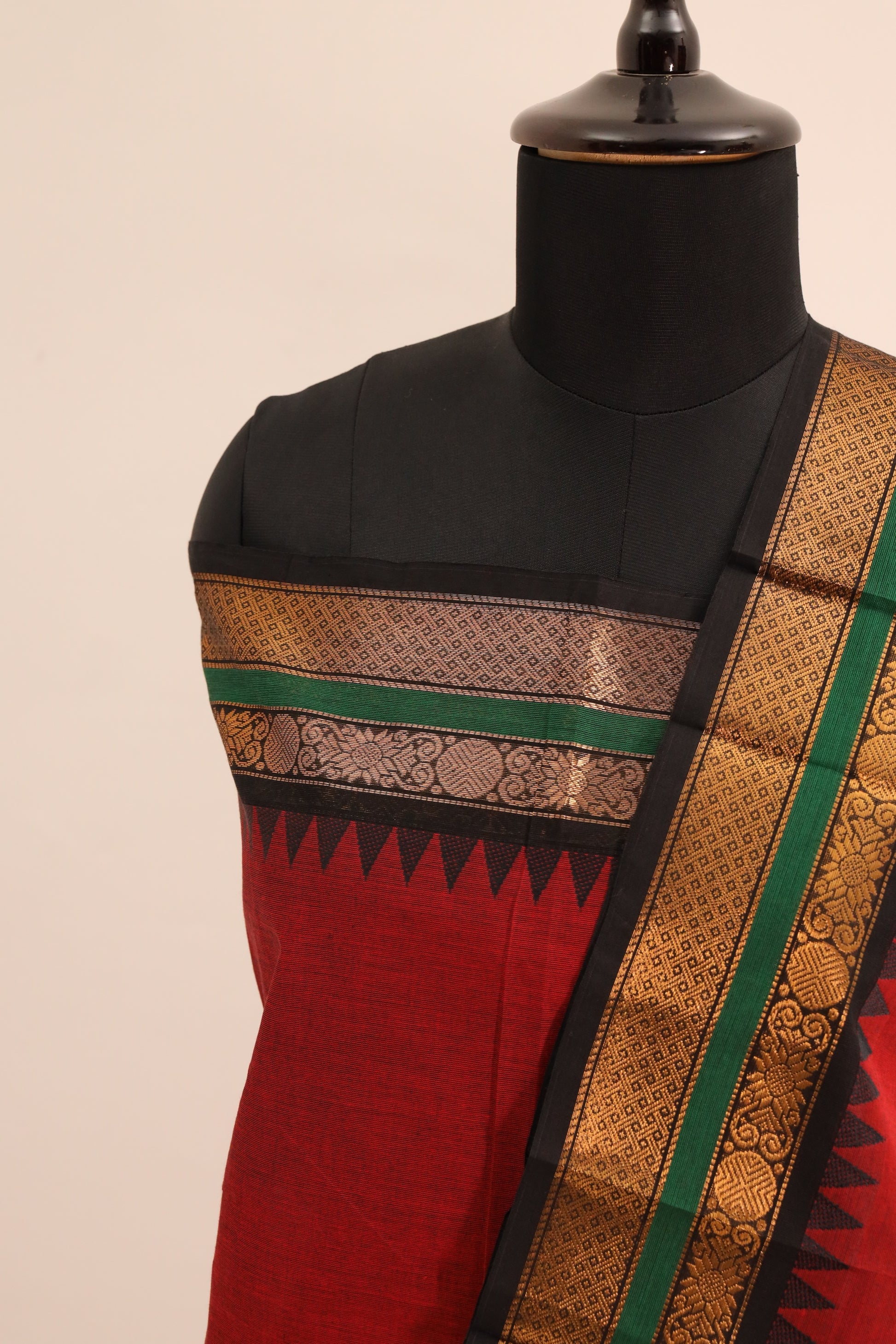 Red with Black Border Chettinad Cotton Unstitched Salwar Suit - #NC108