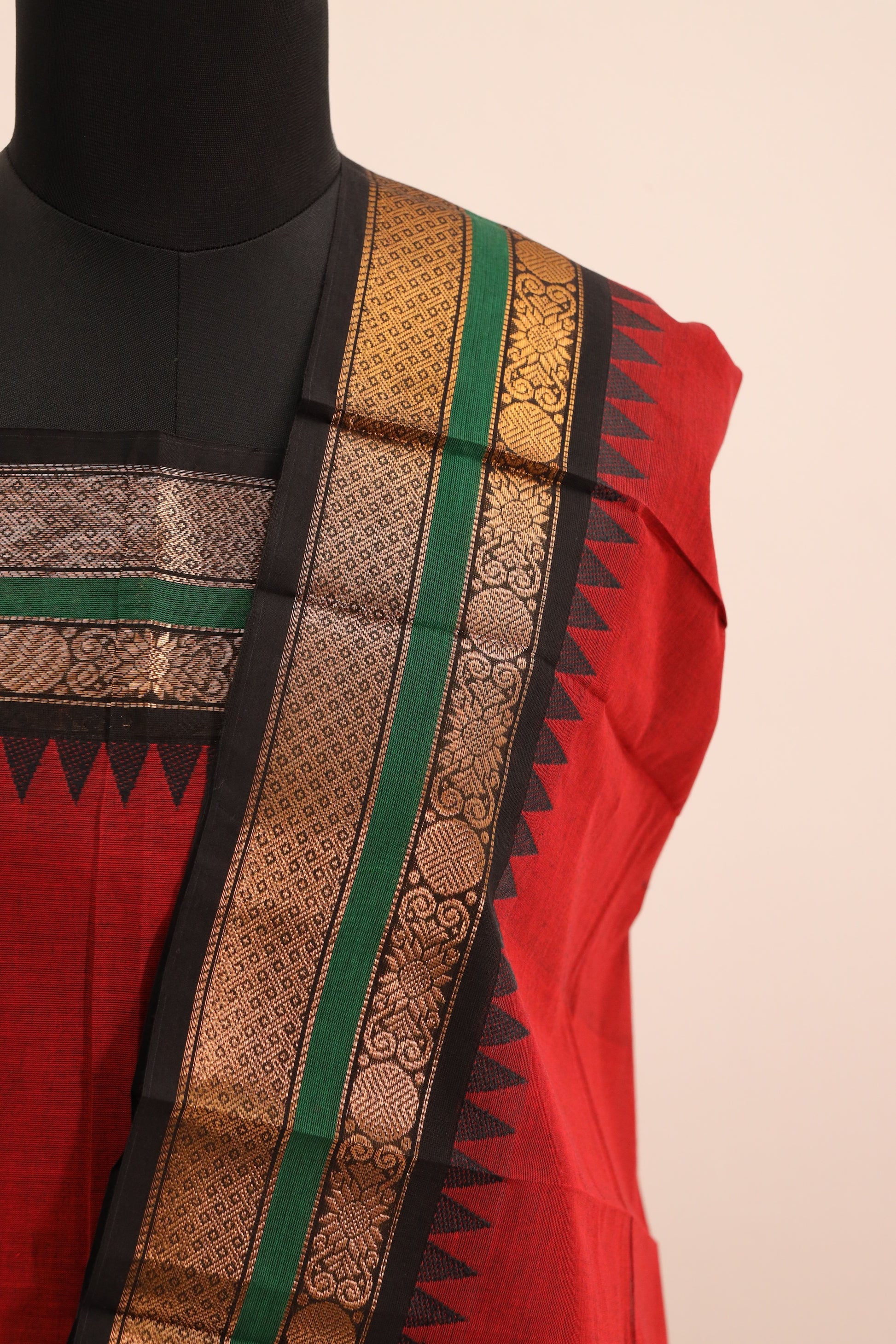 Red with Black Border Chettinad Cotton Unstitched Salwar Suit - #NC108