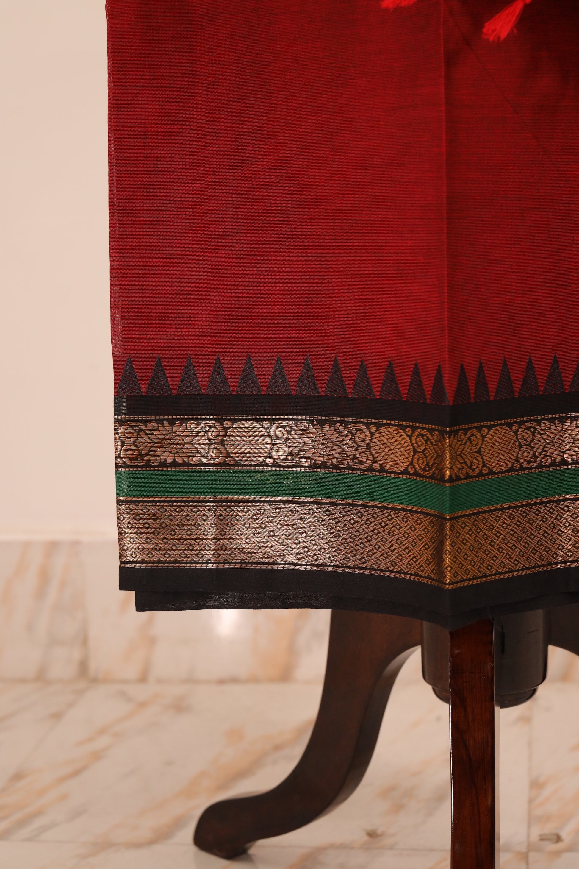 Red with Black Border Chettinad Cotton Unstitched Salwar Suit - #NC108