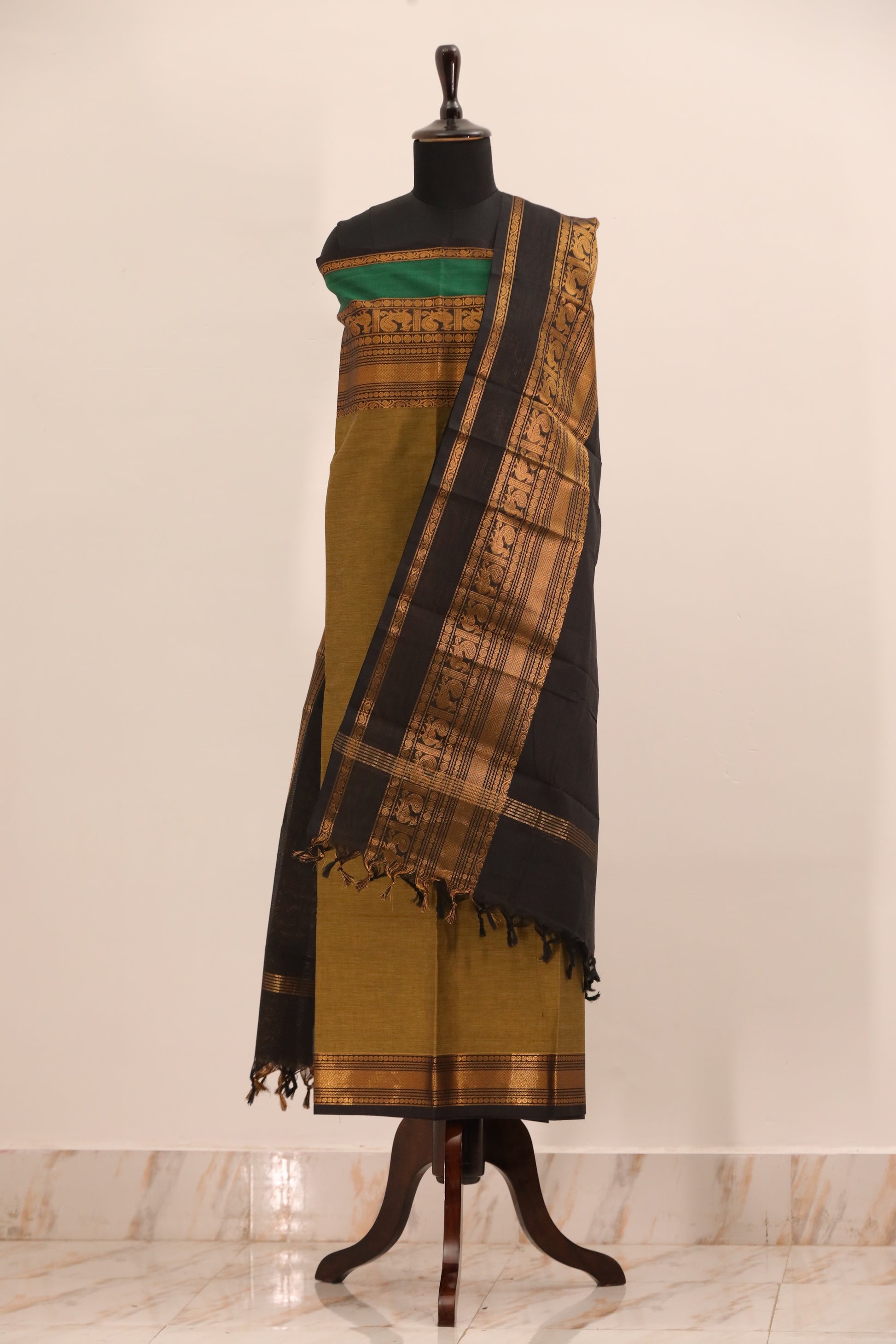 Fenugreek with Multi color Border Chettinad Cotton Unstitched Salwar Suit - #NC109