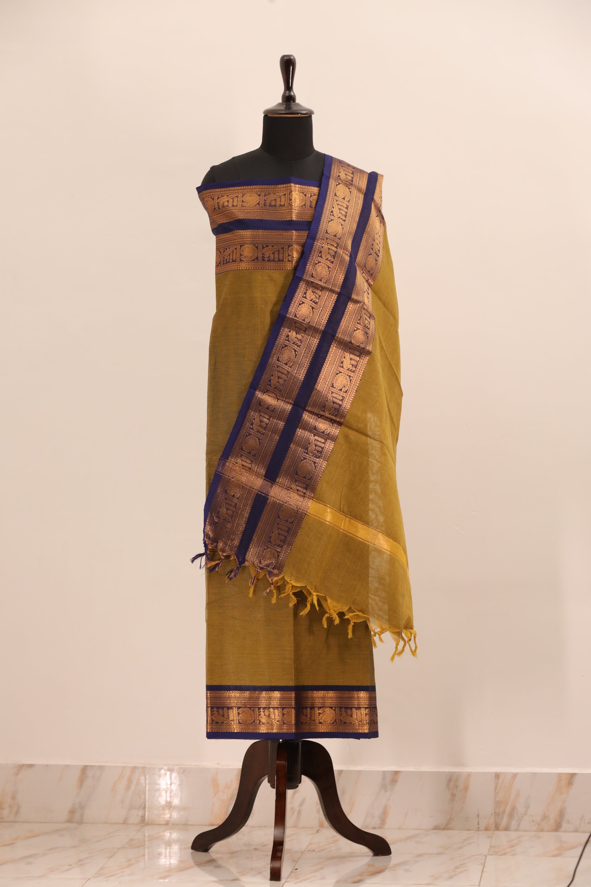 Olive Green Border Chettinad Cotton Unstitched Salwar Suit - #NC110