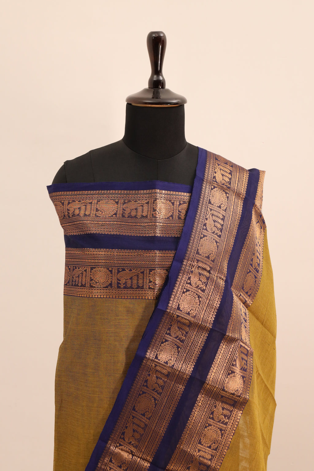 Olive Green Border Chettinad Cotton Unstitched Salwar Suit - #NC110