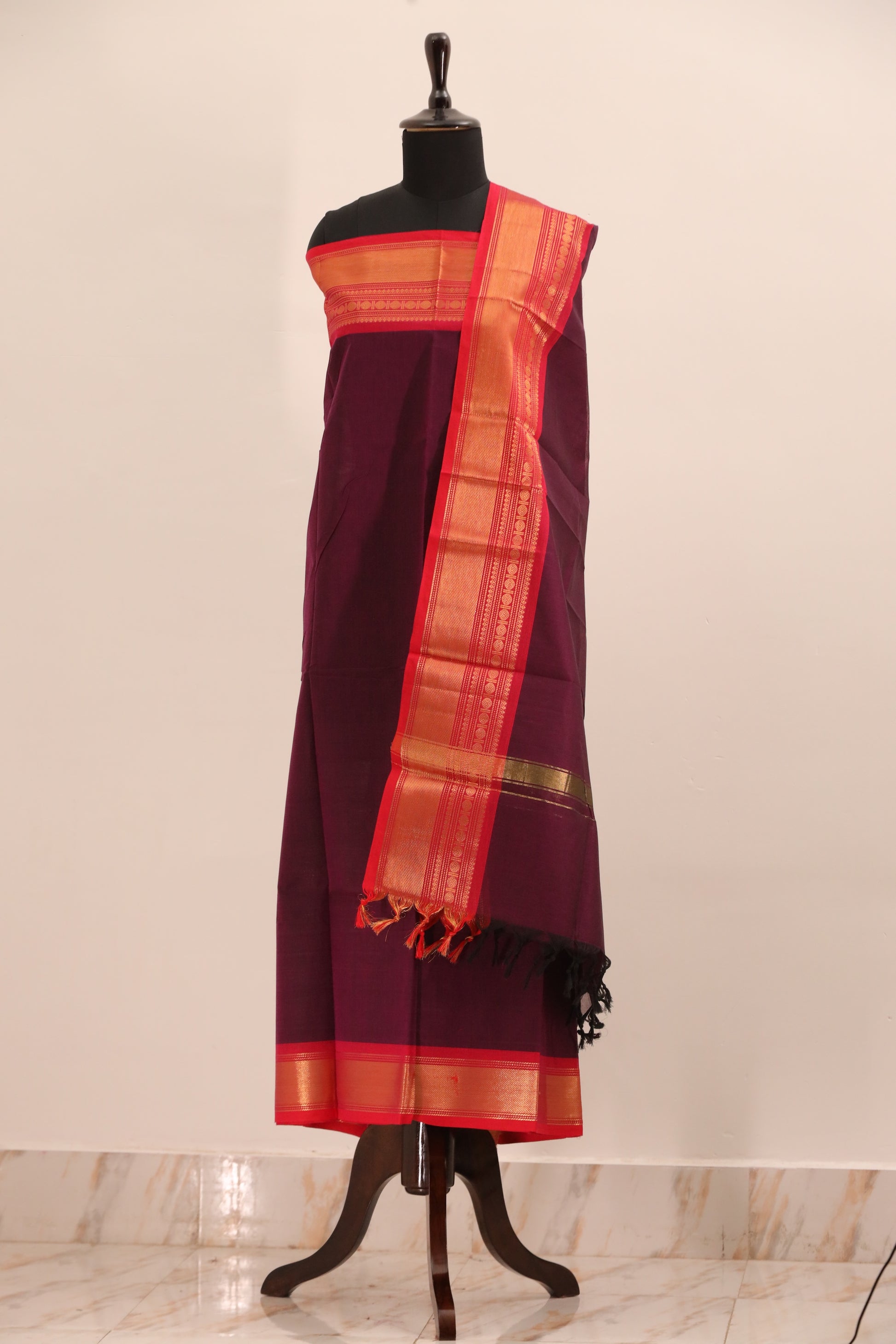 Purple and Red - Chettinad Cotton Unstitched Salwar Suit - #NC029