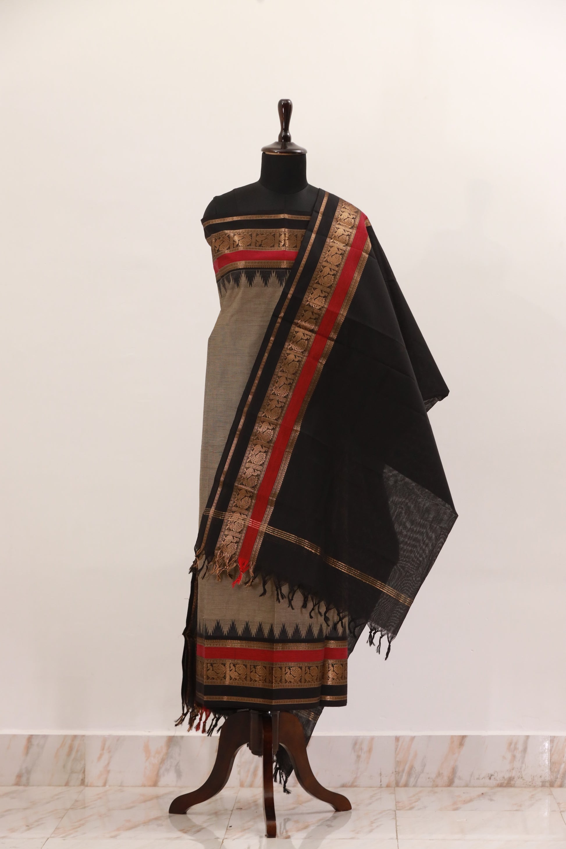 Gray with Multi color Border Chettinad Cotton Unstitched Salwar Suit - #NC125