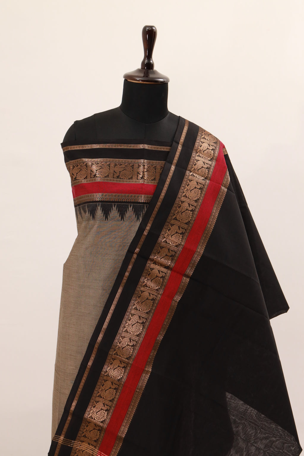 Gray with Multi color Border Chettinad Cotton Unstitched Salwar Suit - #NC125