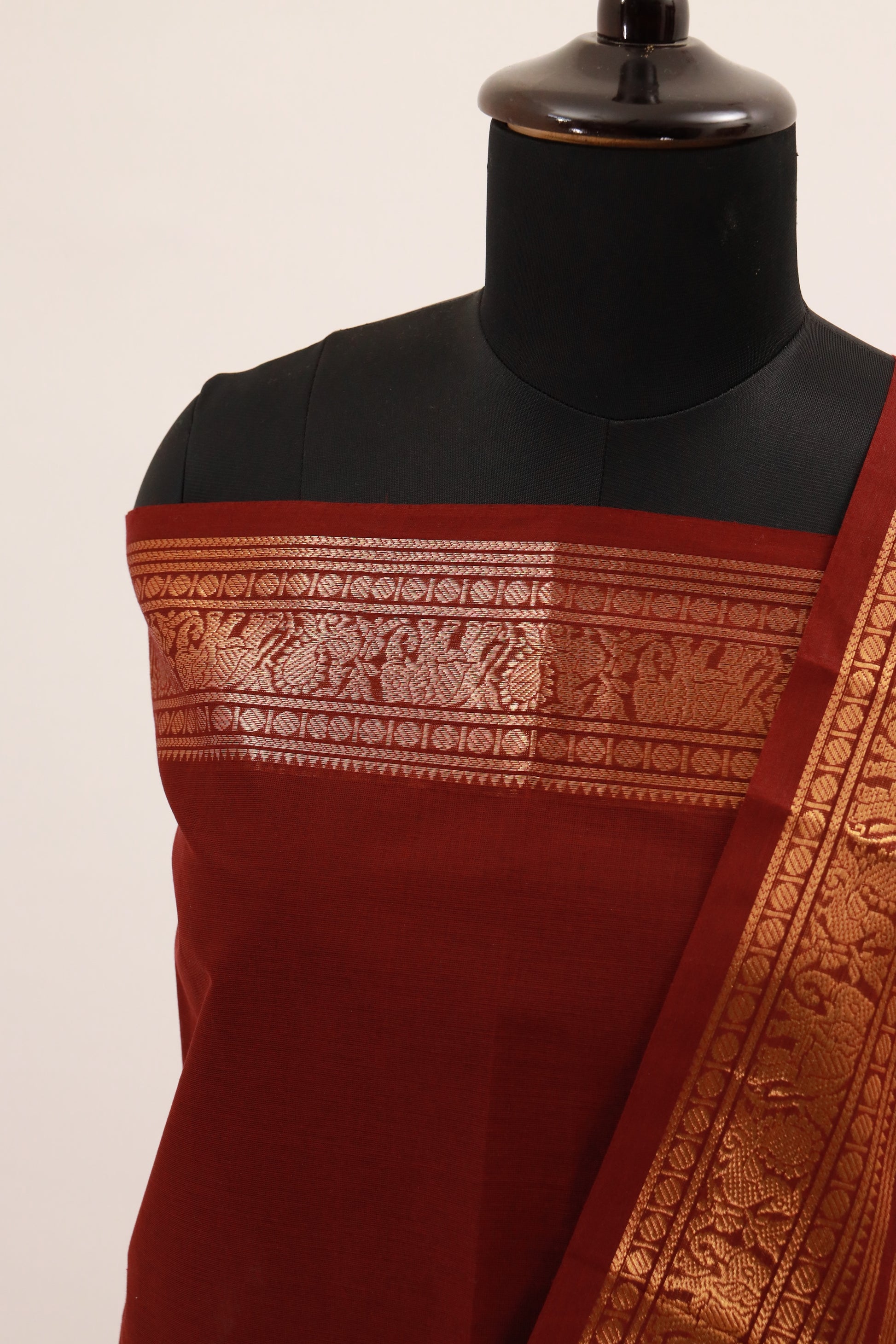 Maroon color with Golden Border Chettinad Cotton Unstitched Salwar Suit - #NC091