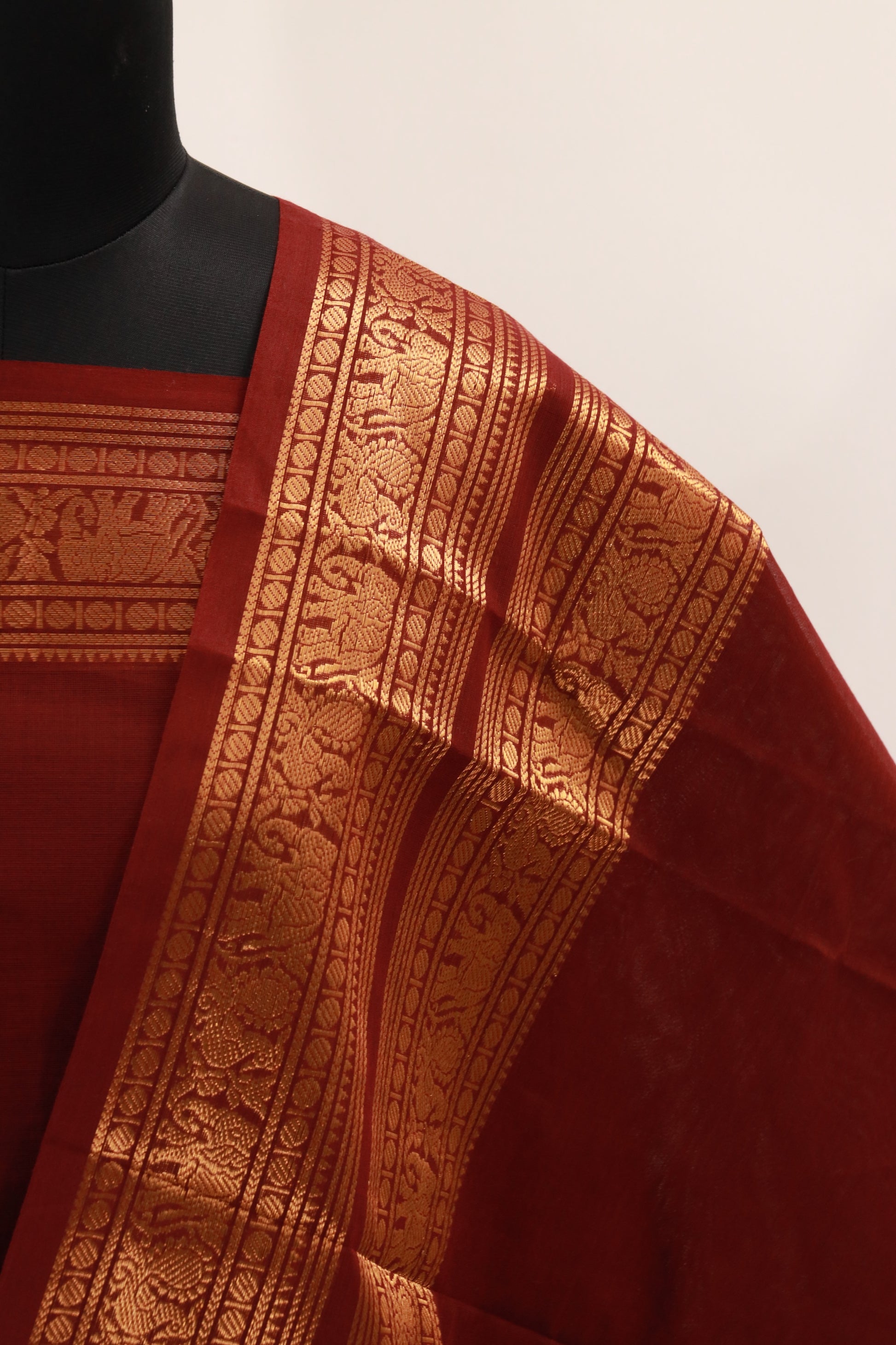 Maroon color with Golden Border Chettinad Cotton Unstitched Salwar Suit - #NC091