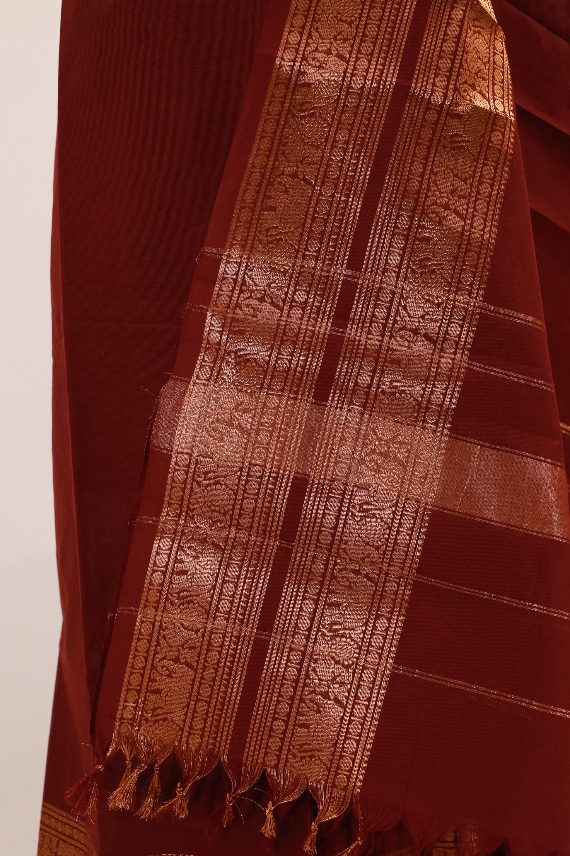 Maroon color with Golden Border Chettinad Cotton Unstitched Salwar Suit - #NC091
