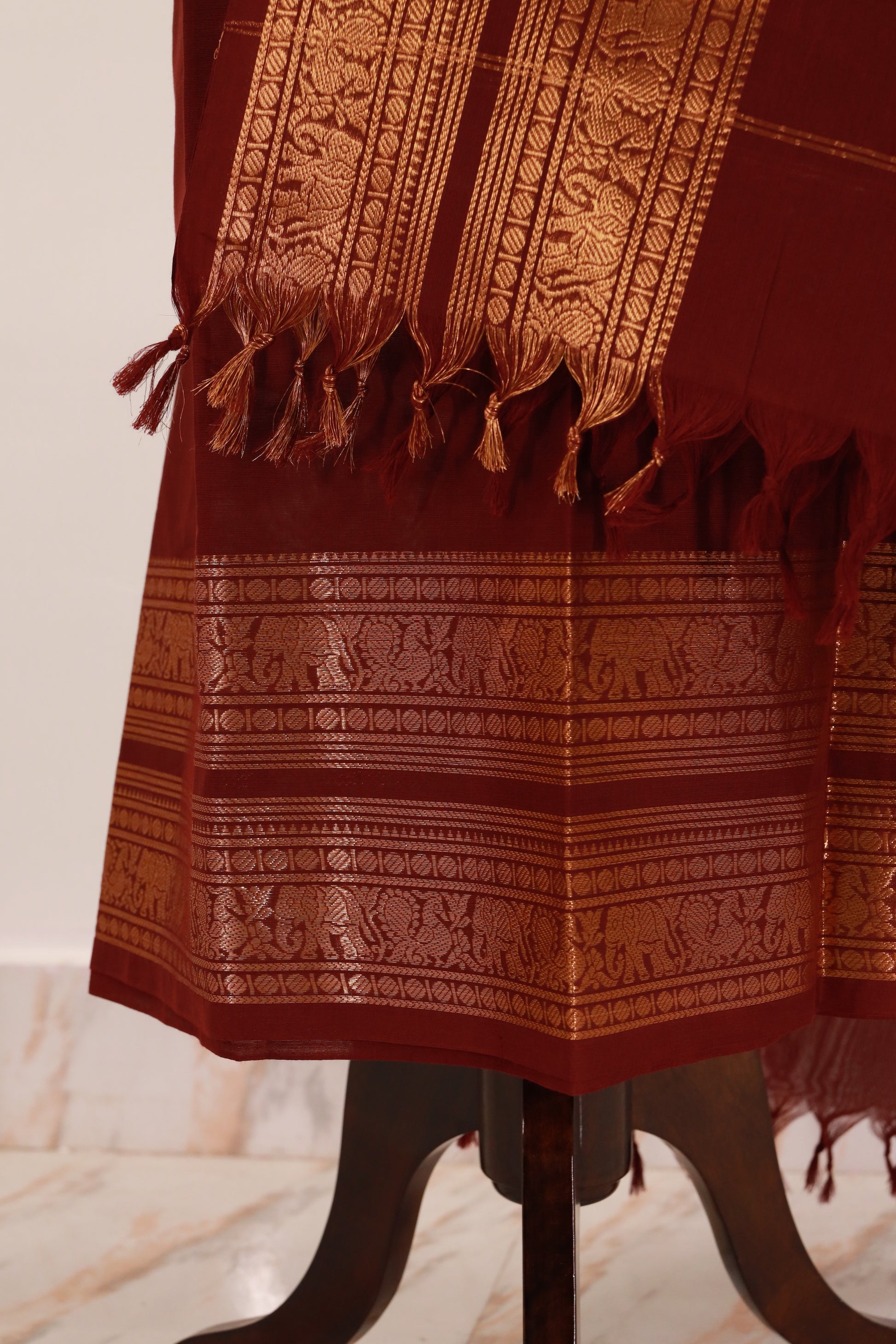 Maroon color with Golden Border Chettinad Cotton Unstitched Salwar Suit - #NC091