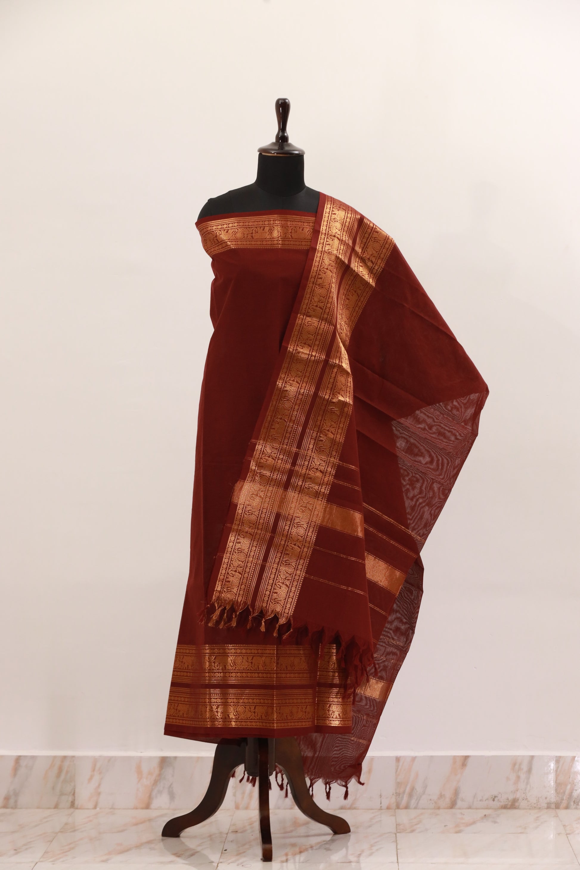 Maroon color with Golden Border Chettinad Cotton Unstitched Salwar Suit - #NC091