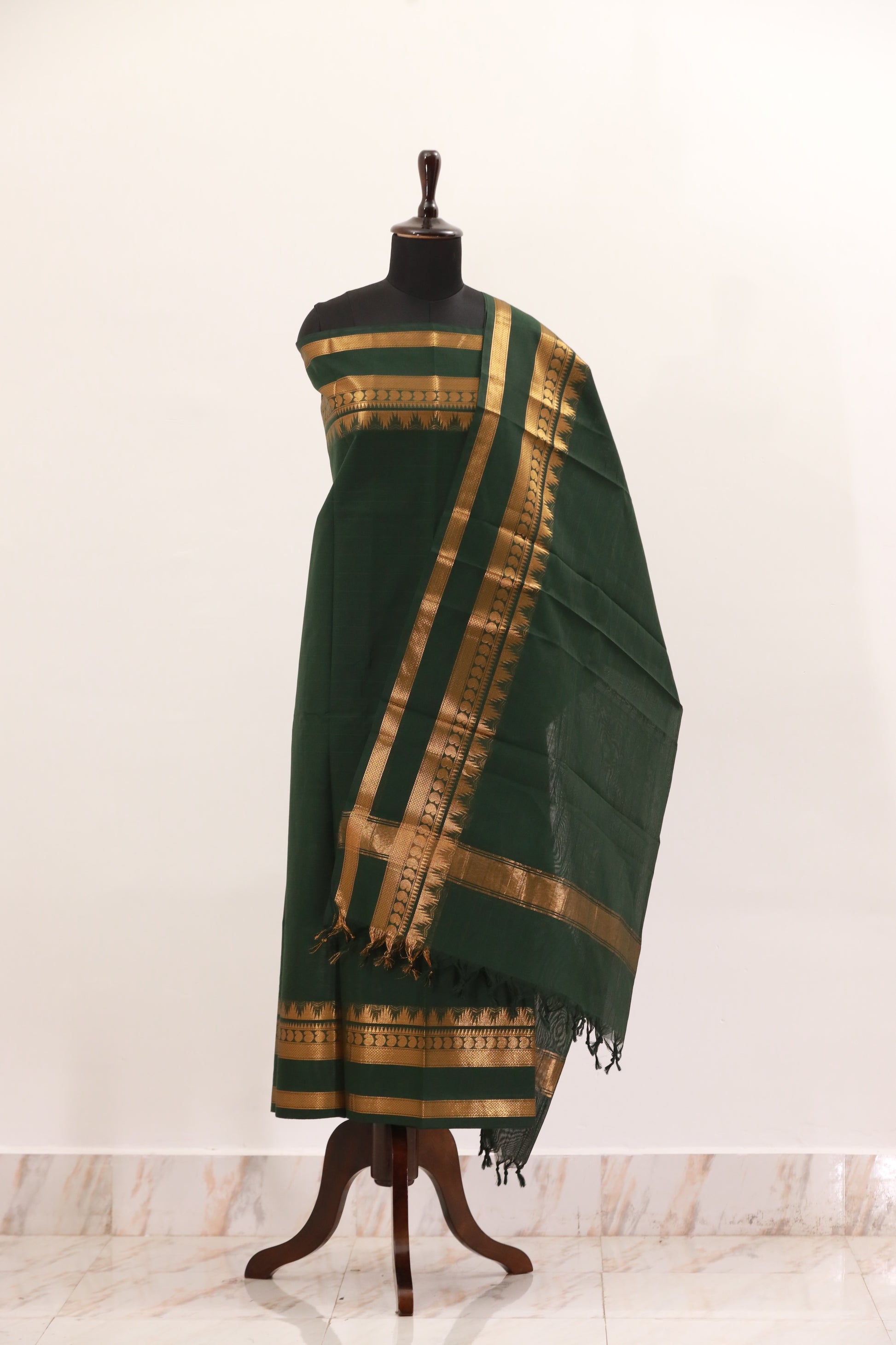 Green with Golden Border Chettinad Cotton Unstitched Salwar Suit - #NC126