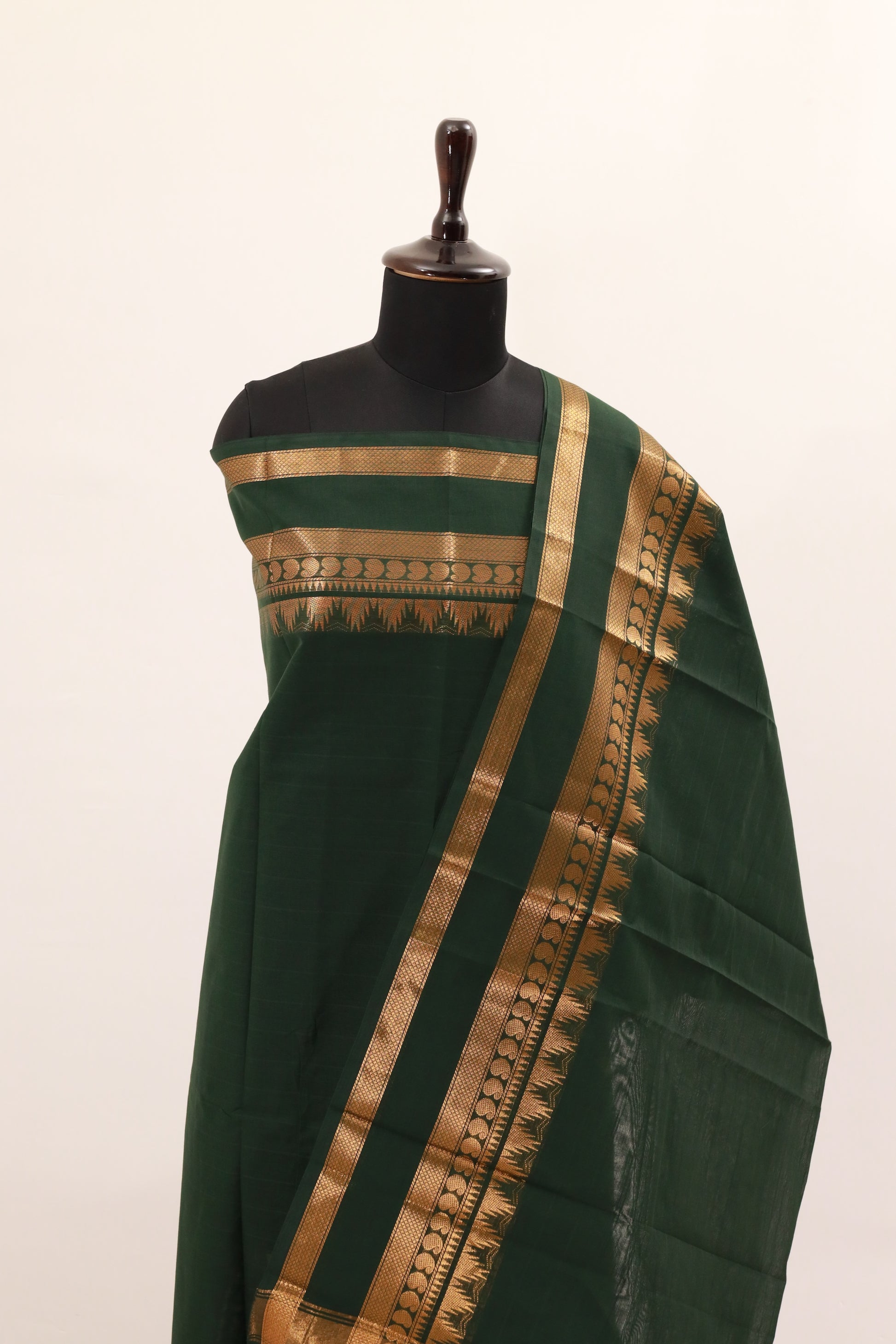 Green with Golden Border Chettinad Cotton Unstitched Salwar Suit - #NC126