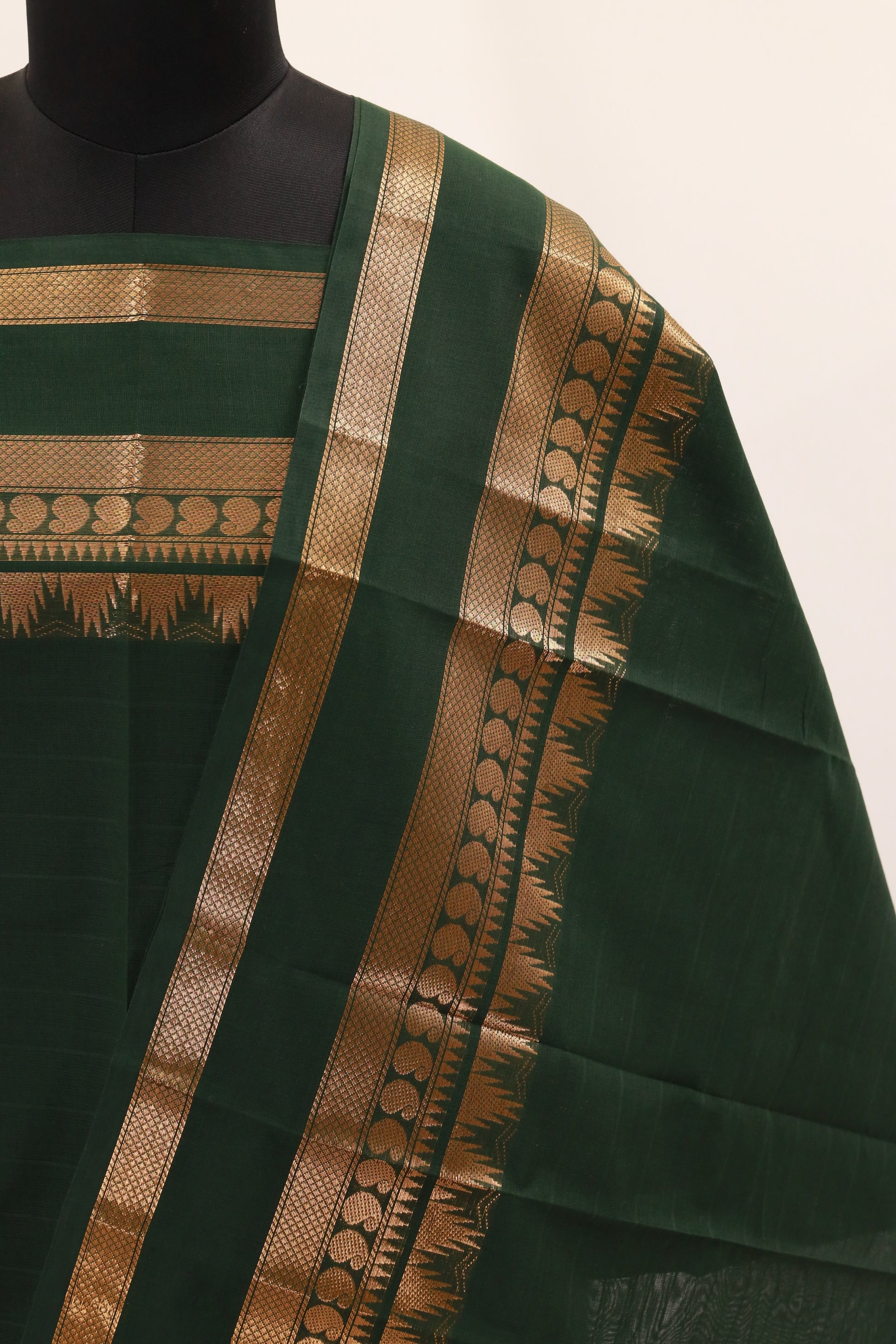 Green with Golden Border Chettinad Cotton Unstitched Salwar Suit - #NC126