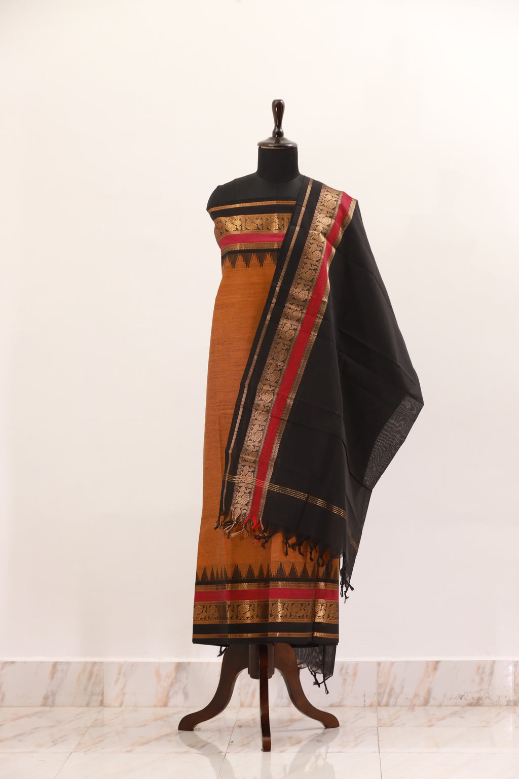 Fenugreek with Multi color Border Chettinad Cotton Unstitched Salwar Suit - #NC127