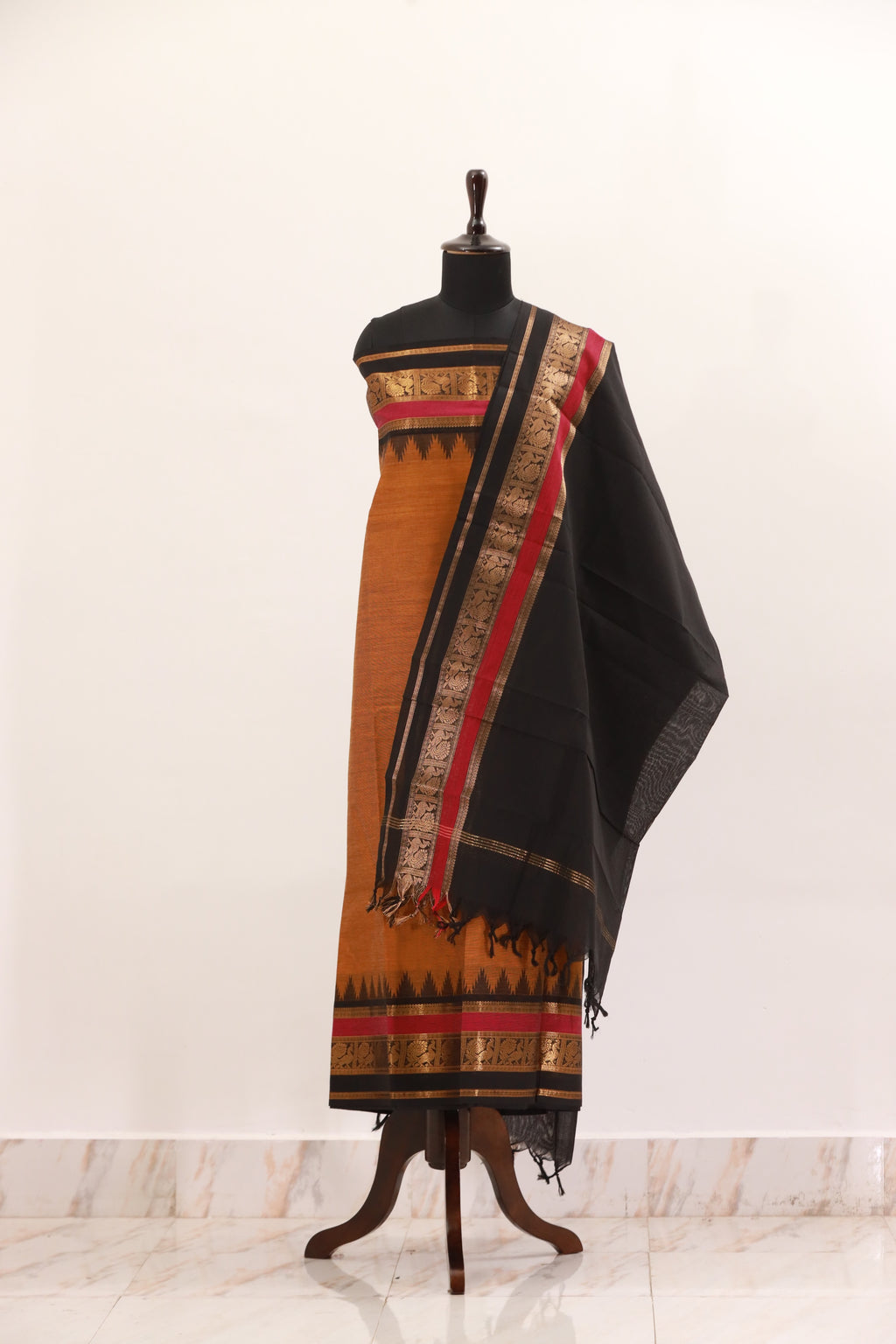 Fenugreek with Multi color Border Chettinad Cotton Unstitched Salwar Suit - #NC127