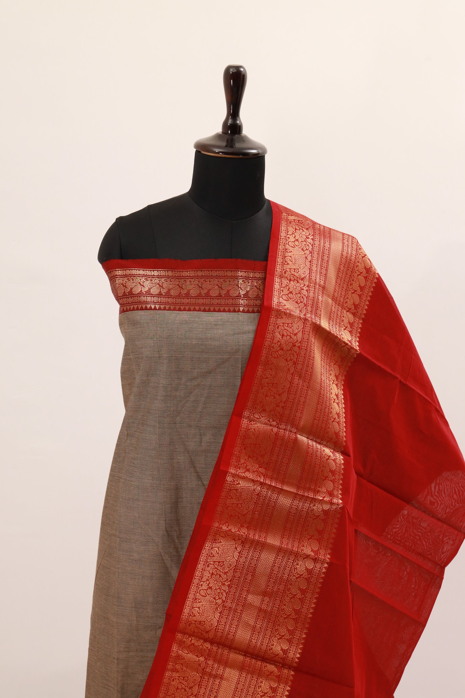 White Alumini with Red Border Chettinad Cotton Unstitched Salwar Suit - #NC128
