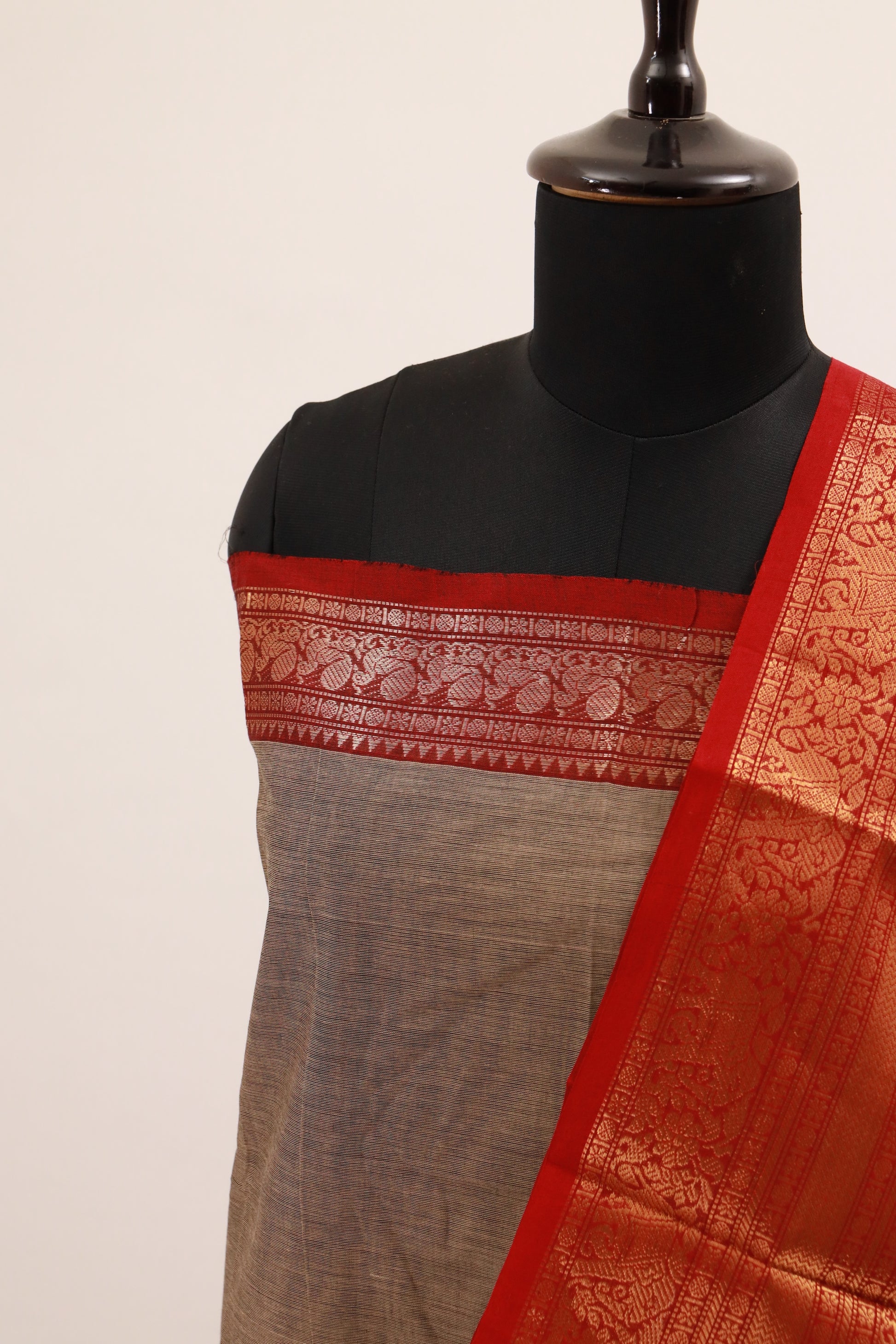 White Alumini with Red Border Chettinad Cotton Unstitched Salwar Suit - #NC128