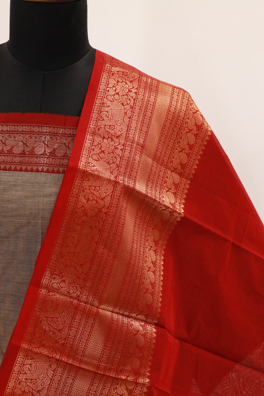 White Alumini with Red Border Chettinad Cotton Unstitched Salwar Suit - #NC128